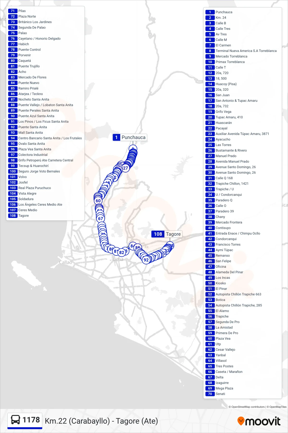 1178 bus Line (Km.22 (Carabayllo) - Tagore (Ate)) route and stops on a map