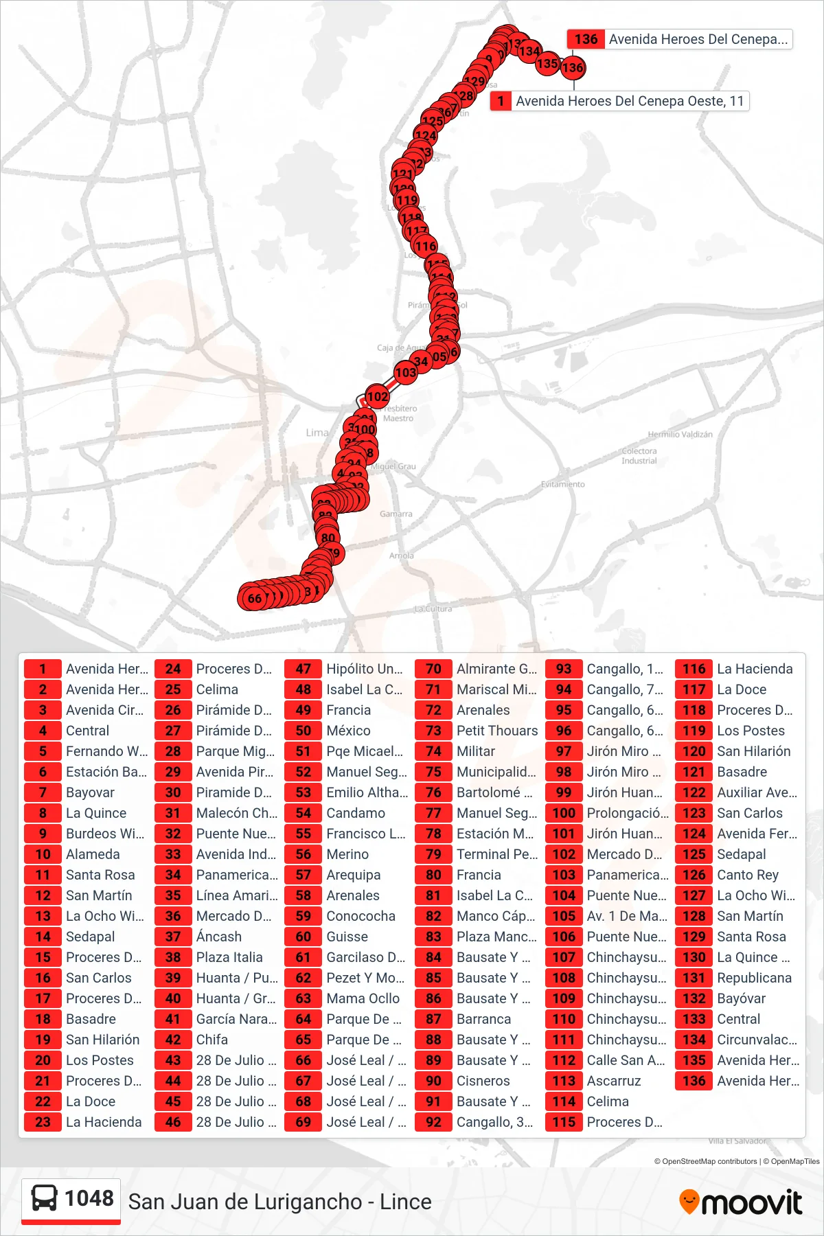 1048 bus Line (S.J.L. - Lince - S.J.L.) route and stops on a map