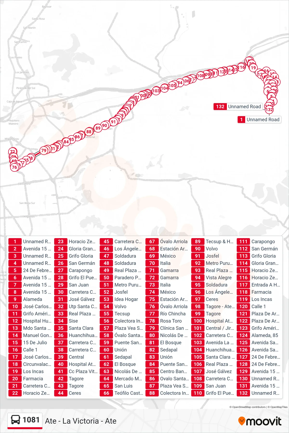 1081 bus Line (Ate - La Victoria - Ate) route and stops on a map