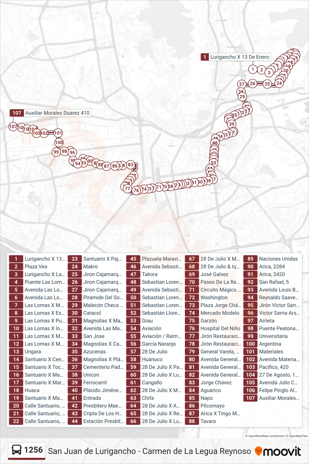 1256 bus Line (Carmen de La Legua Reynoso) route and stops on a map