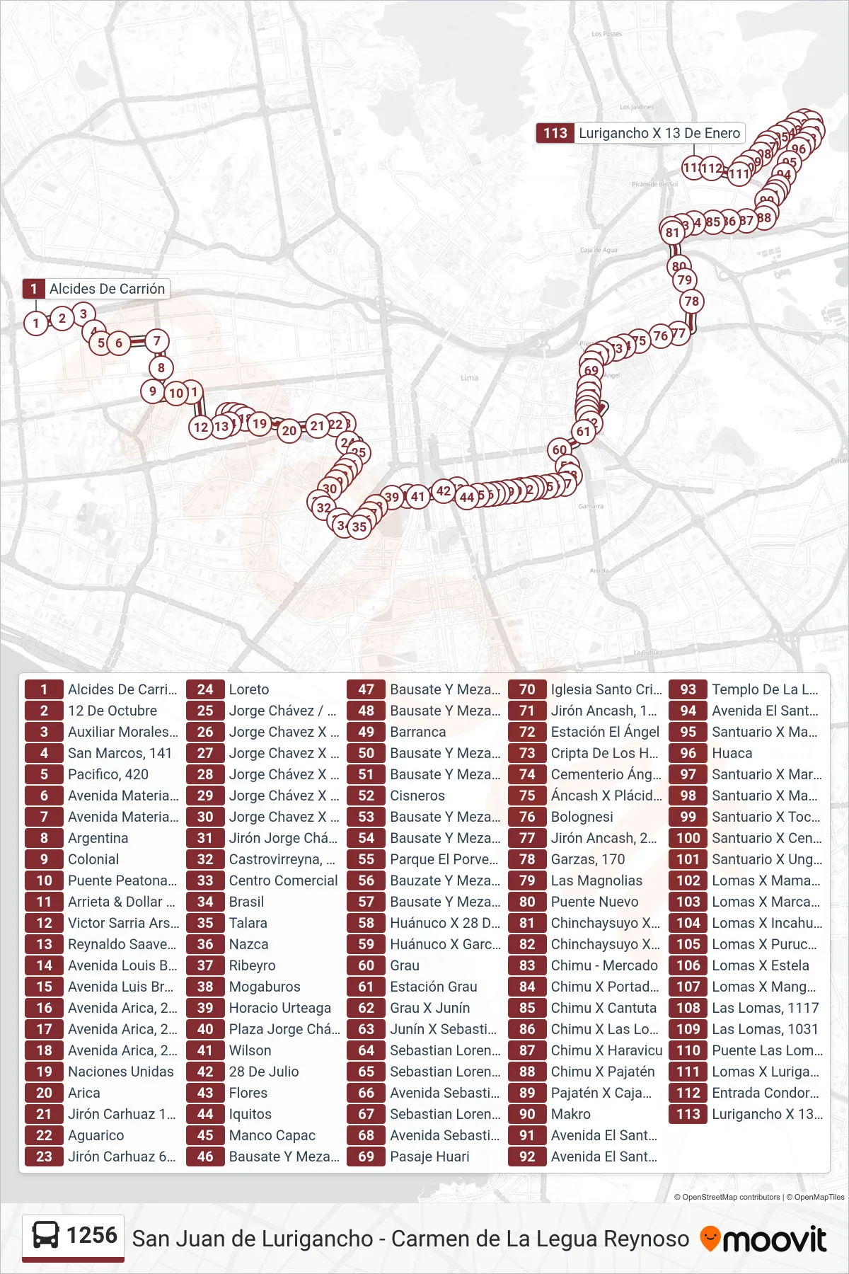 1256 bus Line (S.J.L) route and stops on a map