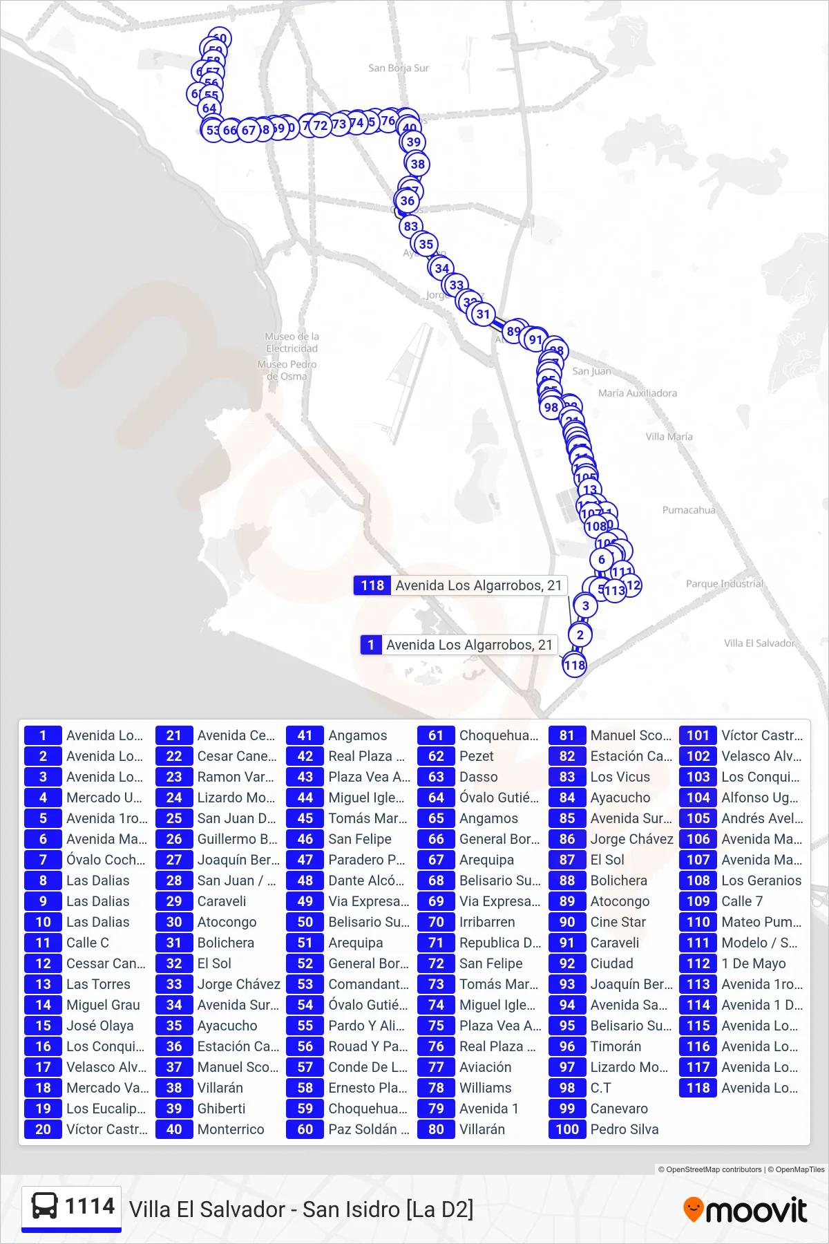 1114 bus Line (V.E.S. - San Isidro - V.E.S.) route and stops on a map