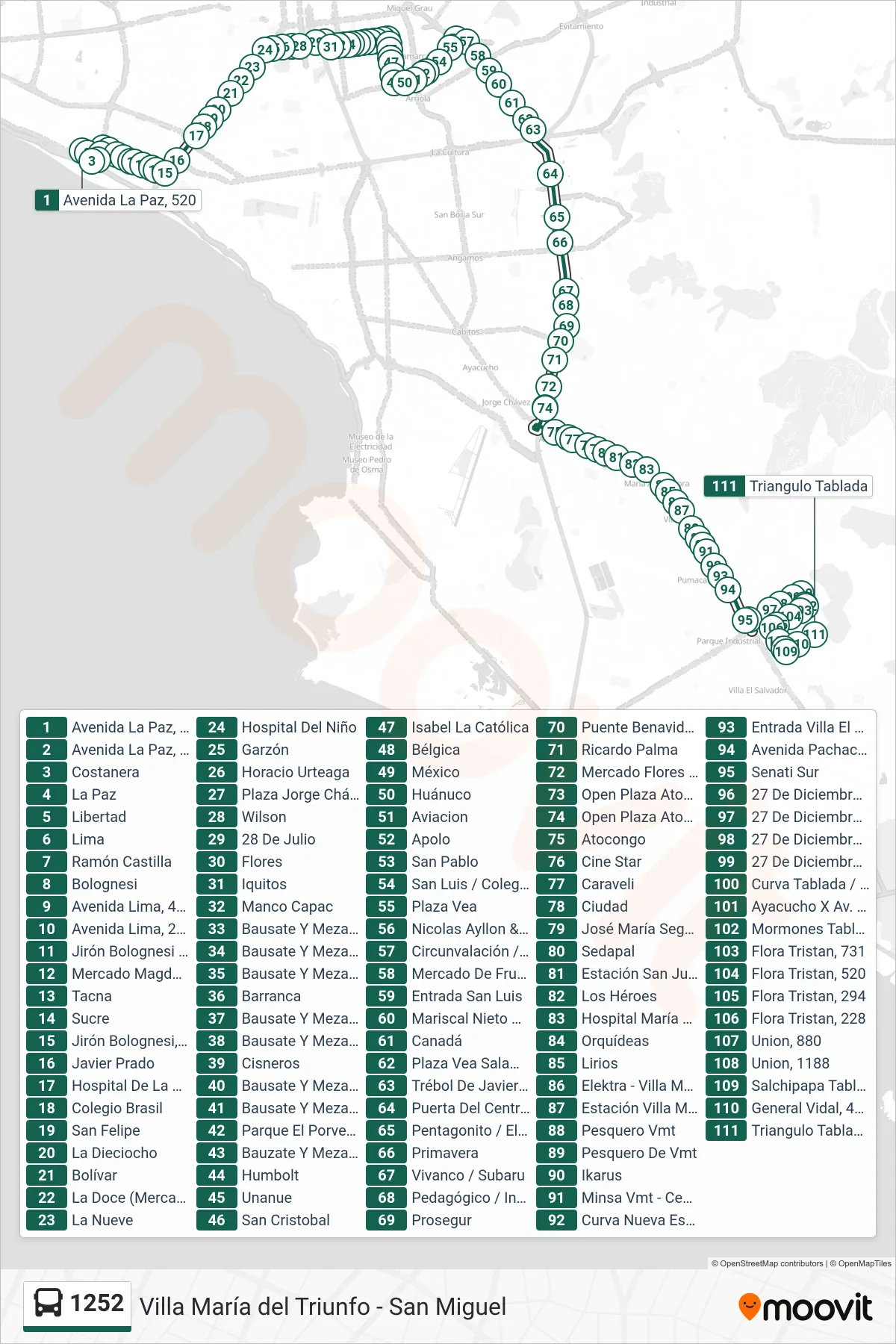 1252 bus Line (San Miguel - V.M.T.) route and stops on a map