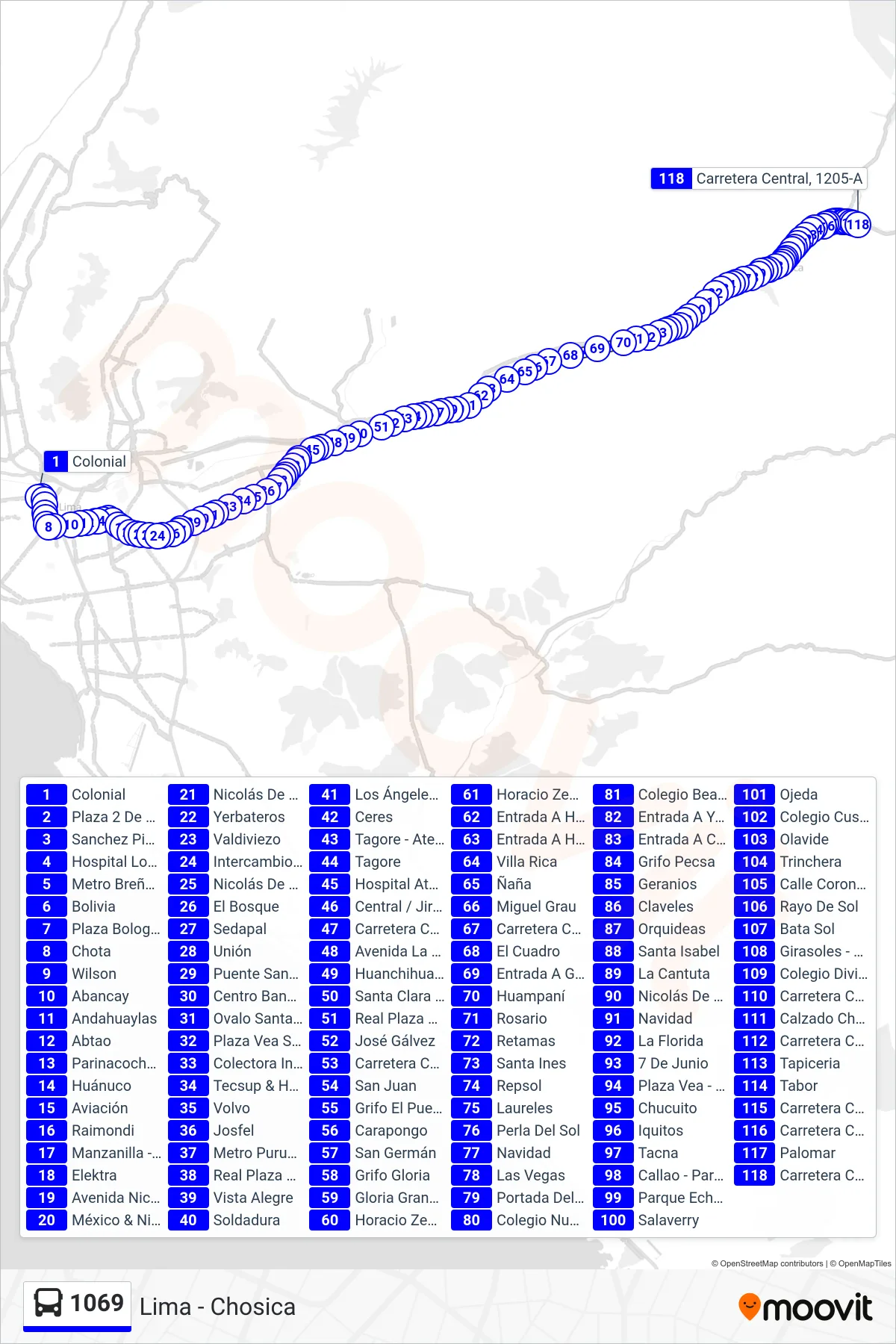 1069 bus Line (Lima - Chosica) route and stops on a map