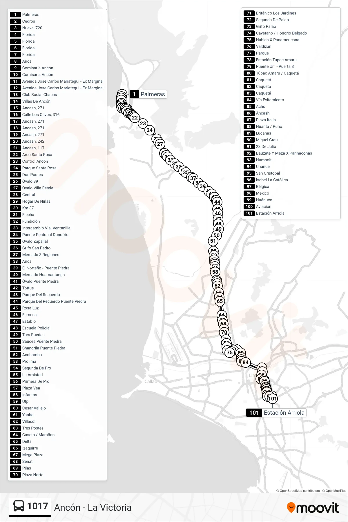 1017 bus Line (Ancón - La Victoria) route and stops on a map