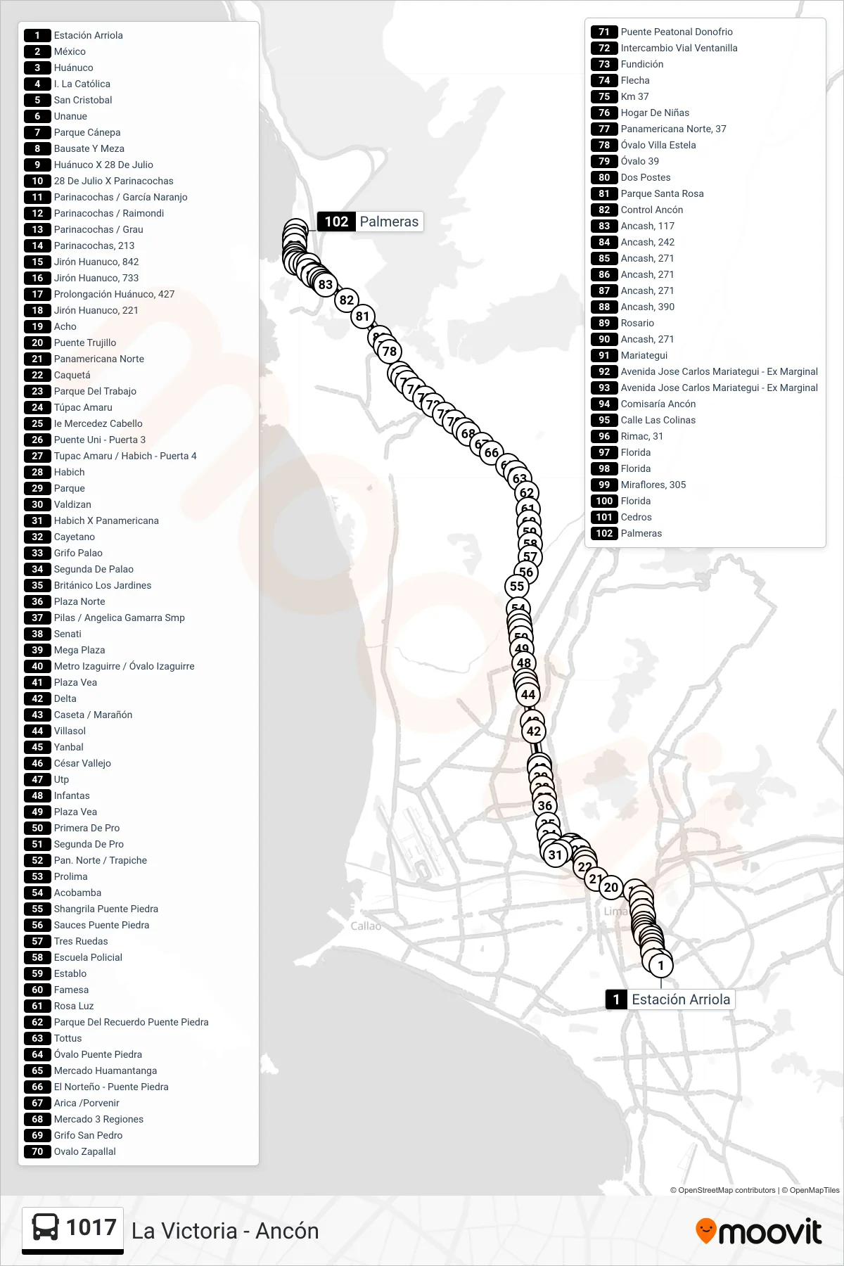 1017 bus Line (La Victoria - Ancón) route and stops on a map