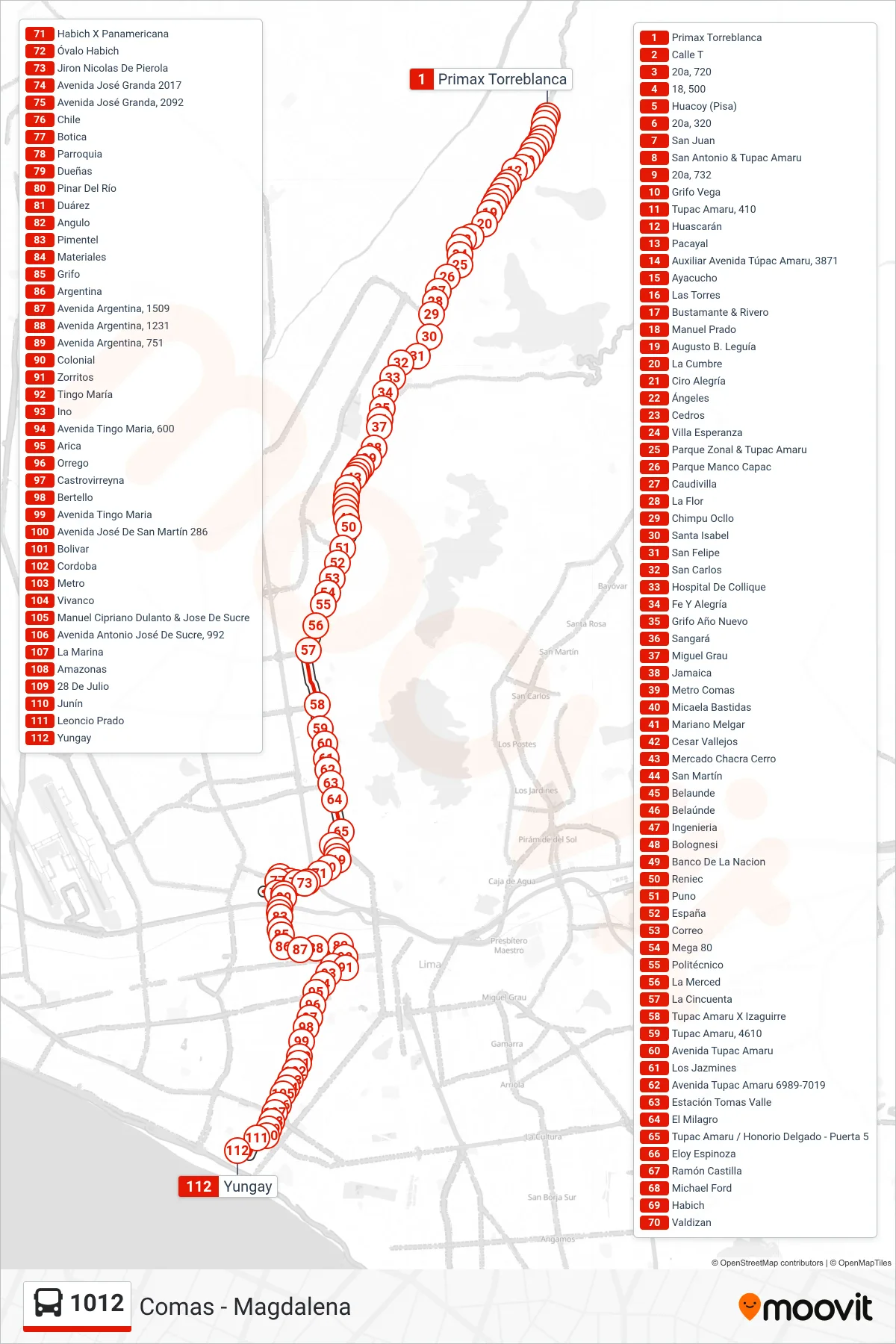 1012 bus Line (Comas - Magdalena) route and stops on a map
