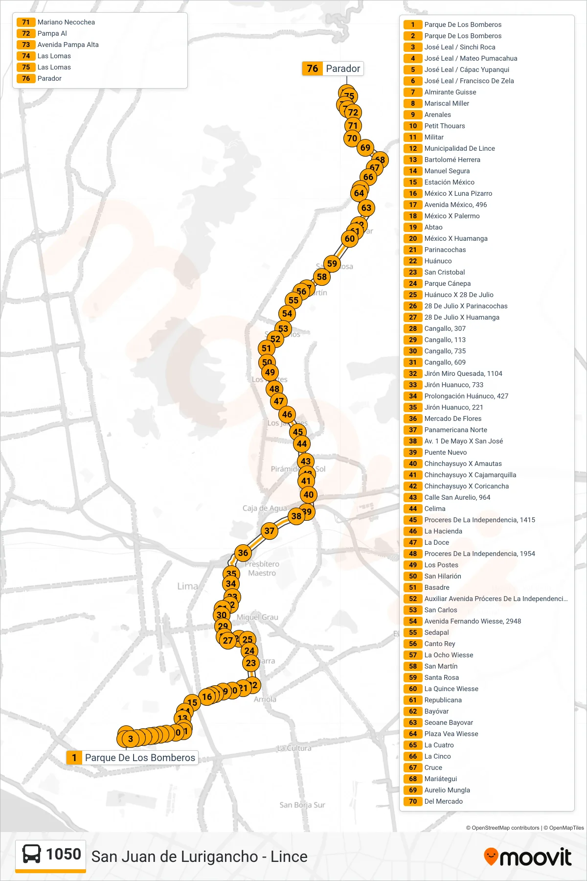 1050 bus Line (Canevaro (Lince) - Mariategui (S.J. Lurigancho)) route and stops on a map