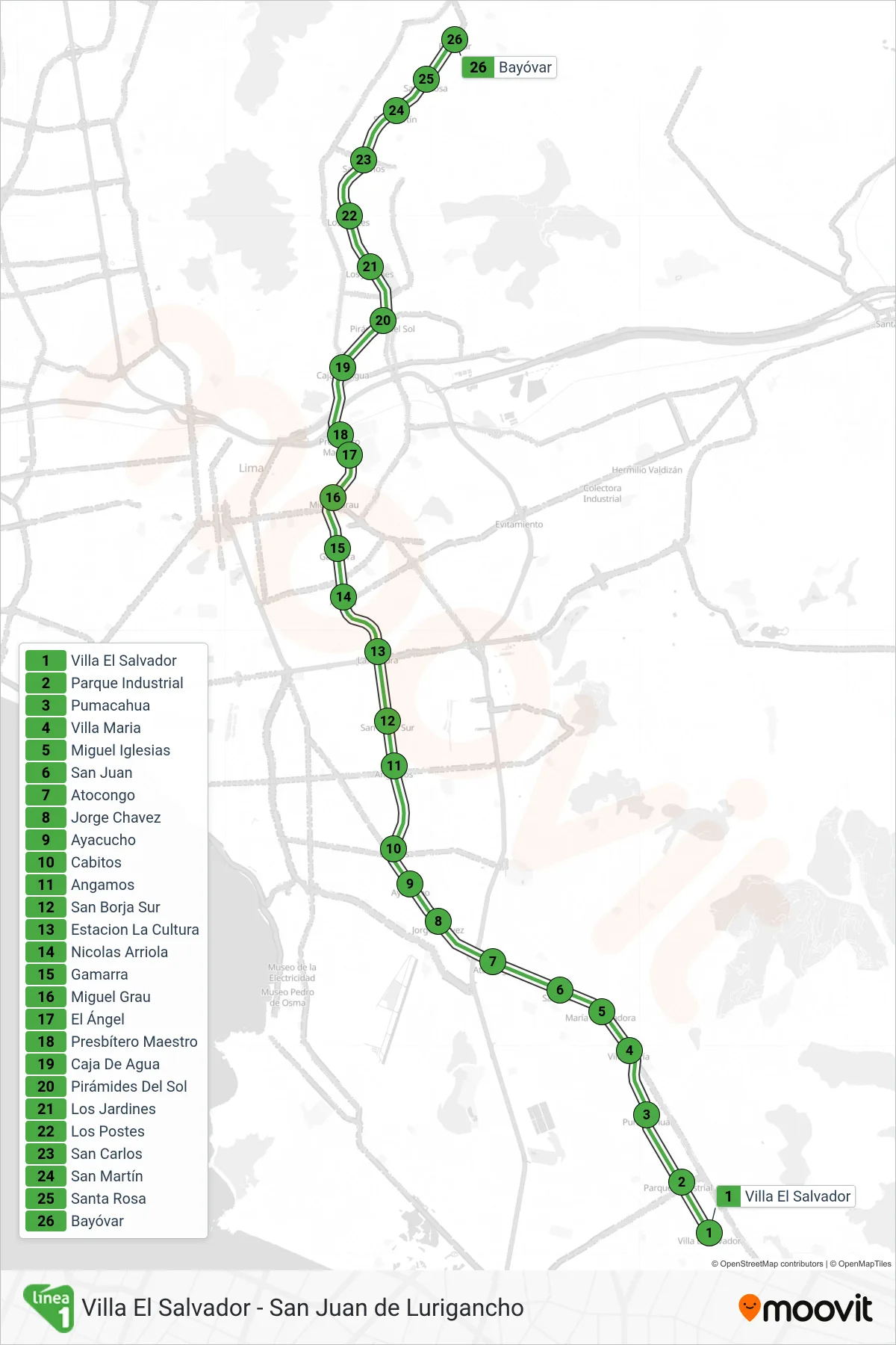 LINEA 1 subway Line (Separadora Industrial (Villa El Salvador) - Bayóvar (San Juan De Lurigancho)) route and stops on a map