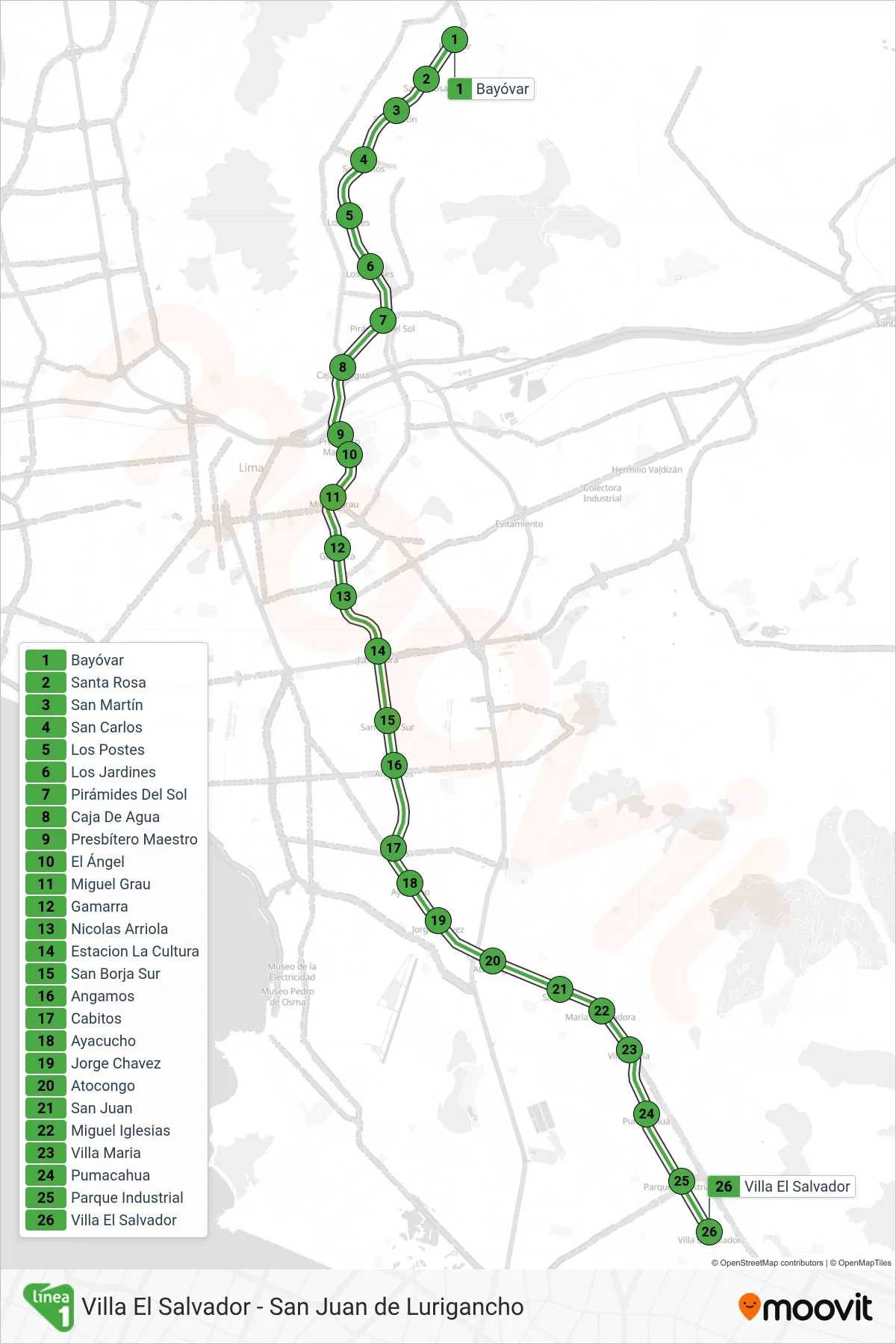 LINEA 1 metro Line (Bayóvar (San Juan De Lurigancho) - Separadora Industrial (Villa El Salvador)) route and stops on a map