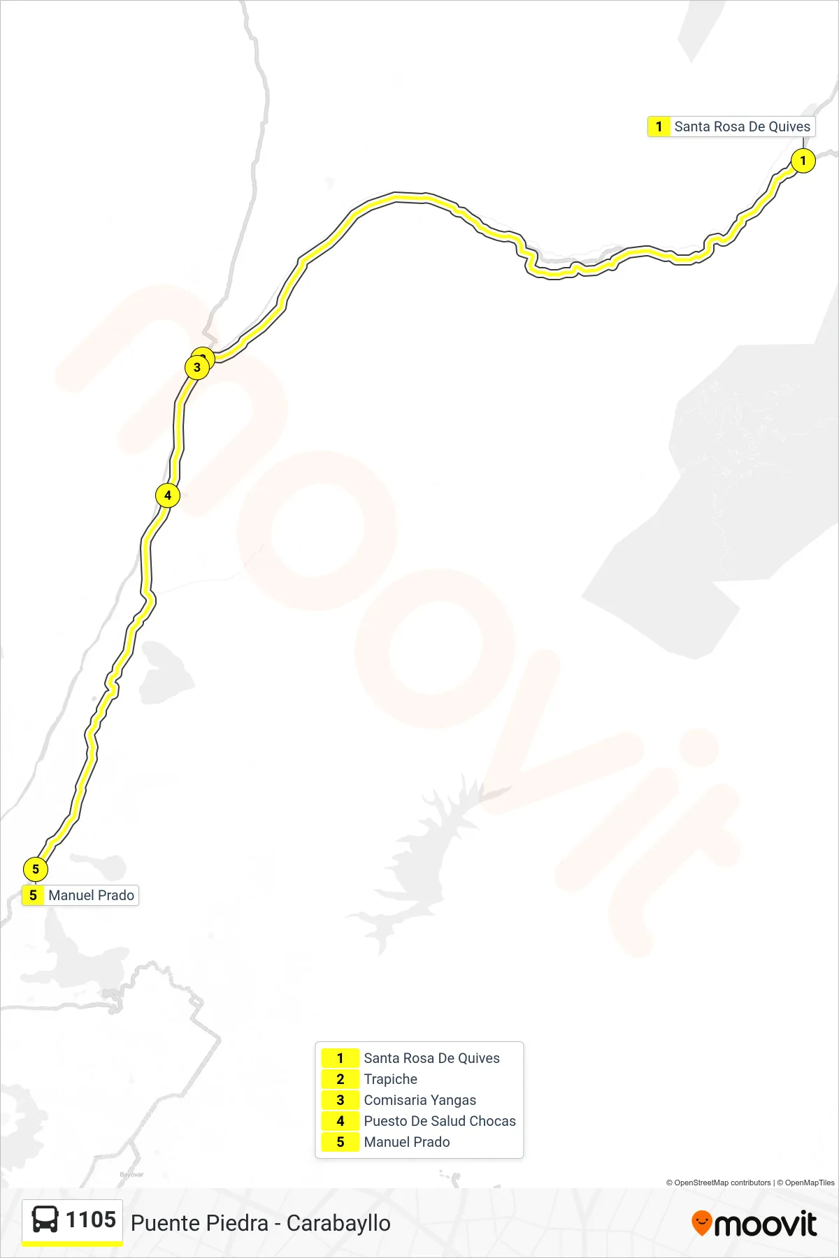 1105 bus Line (Santa Rosa de Quives (Quives)  - Km. 22 (Carabayllo)) route and stops on a map
