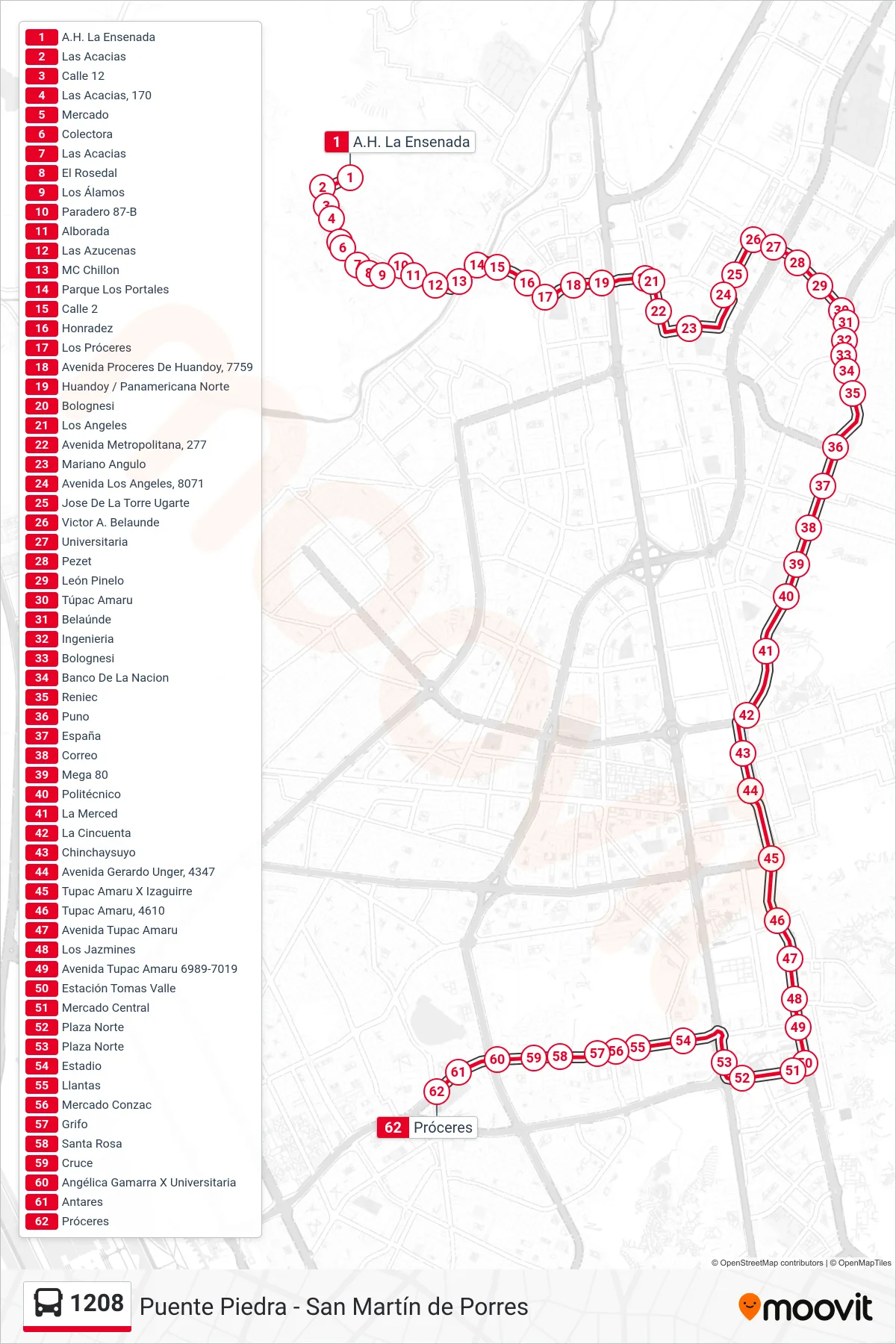 1208 bus Line (Pte. Piedra - S.M.P.) route and stops on a map