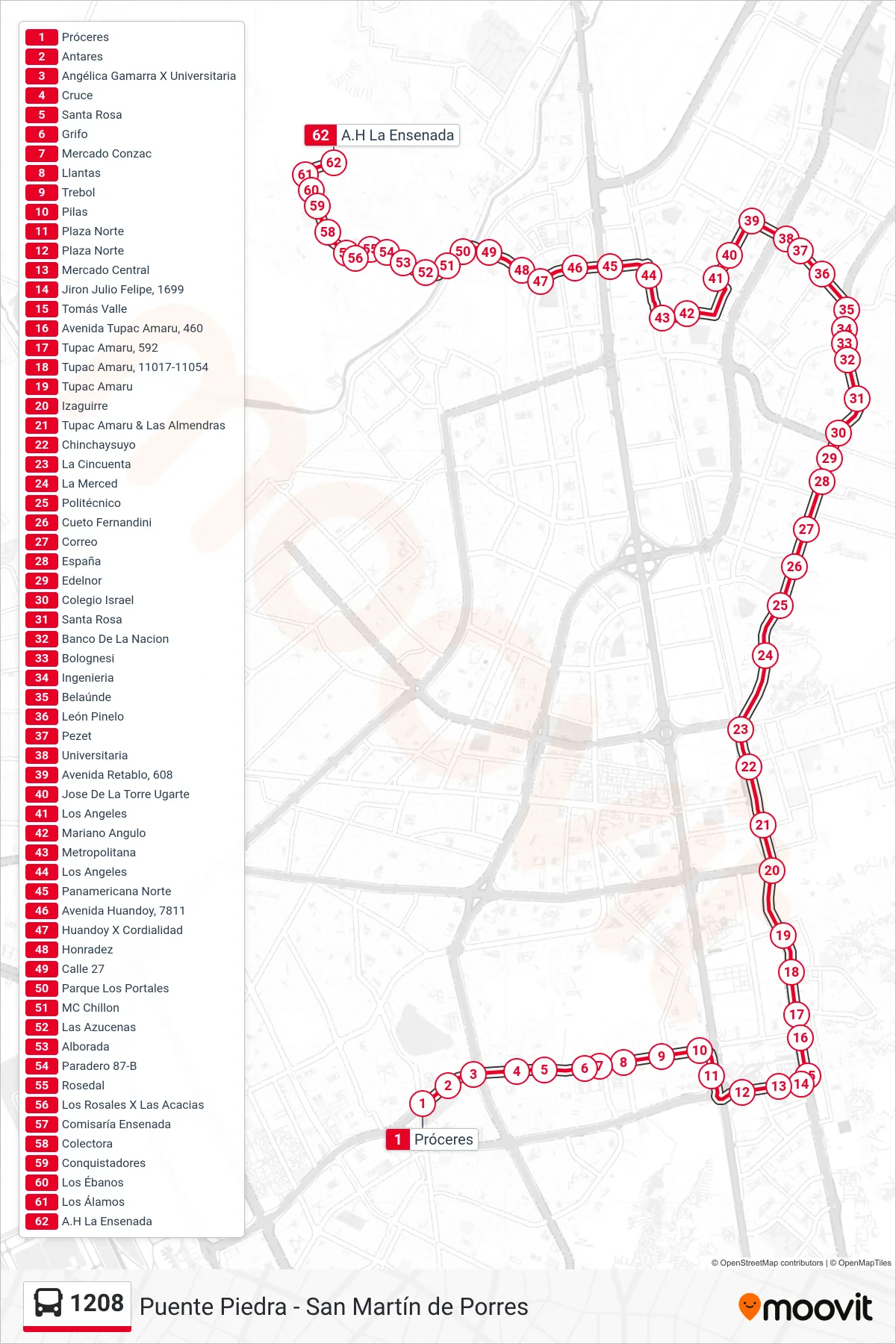 1208 bus Line (S.M.P. - Pte. Piedra) route and stops on a map