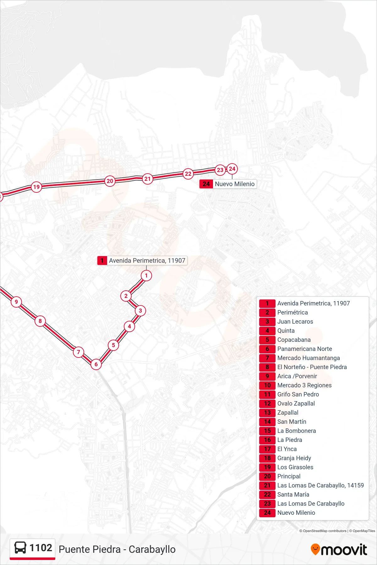 1102 bus Line (Pte. Piedra - Carabayllo) route and stops on a map