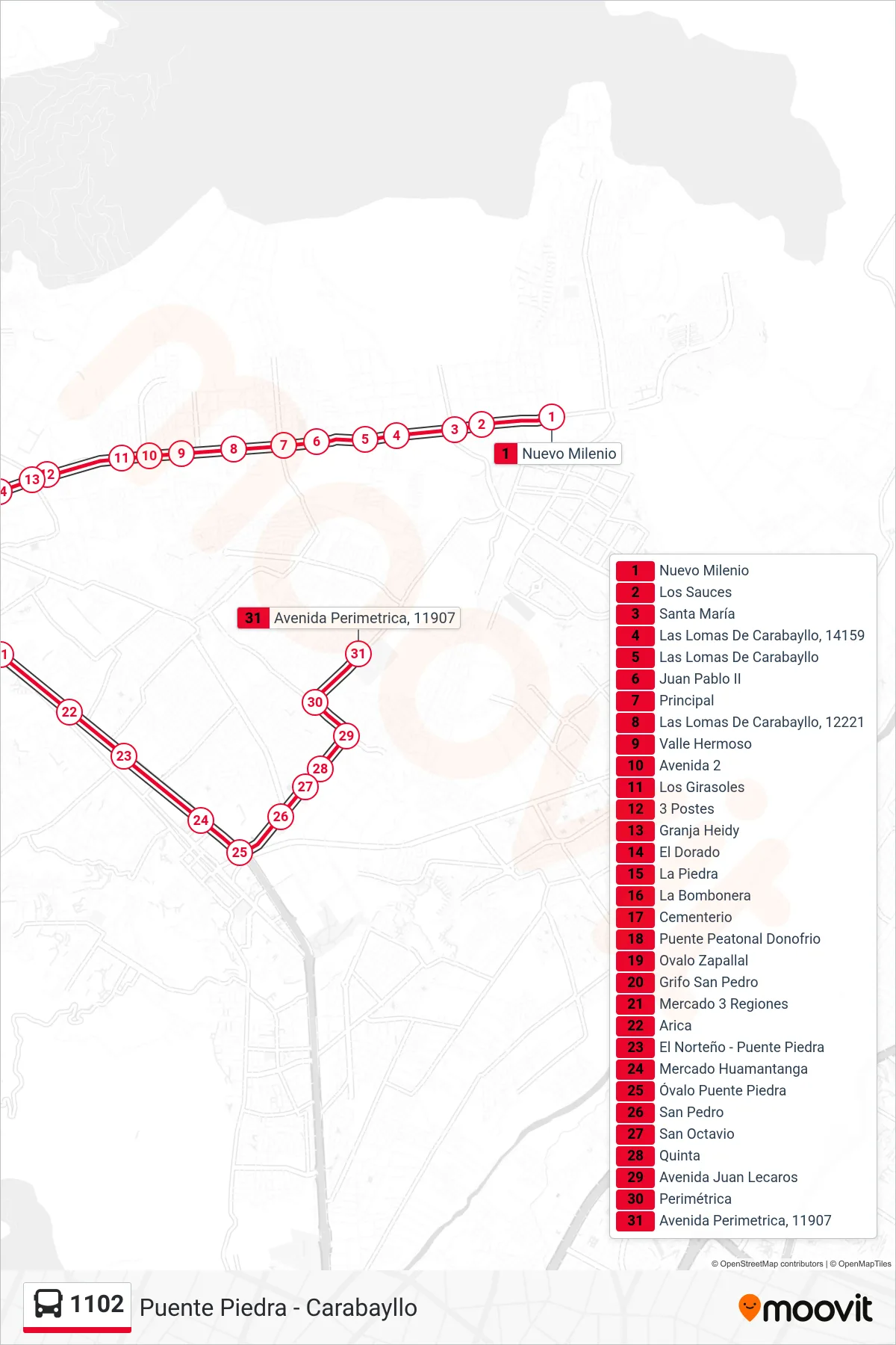 1102 bus Line (Carabayllo - Pte. Piedra) route and stops on a map