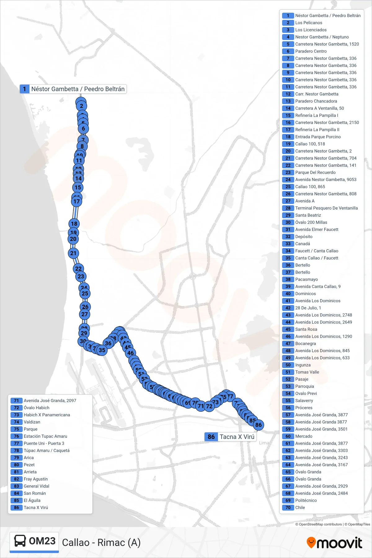 OM23 bus Line (Callao - Rimac (A)) route and stops on a map