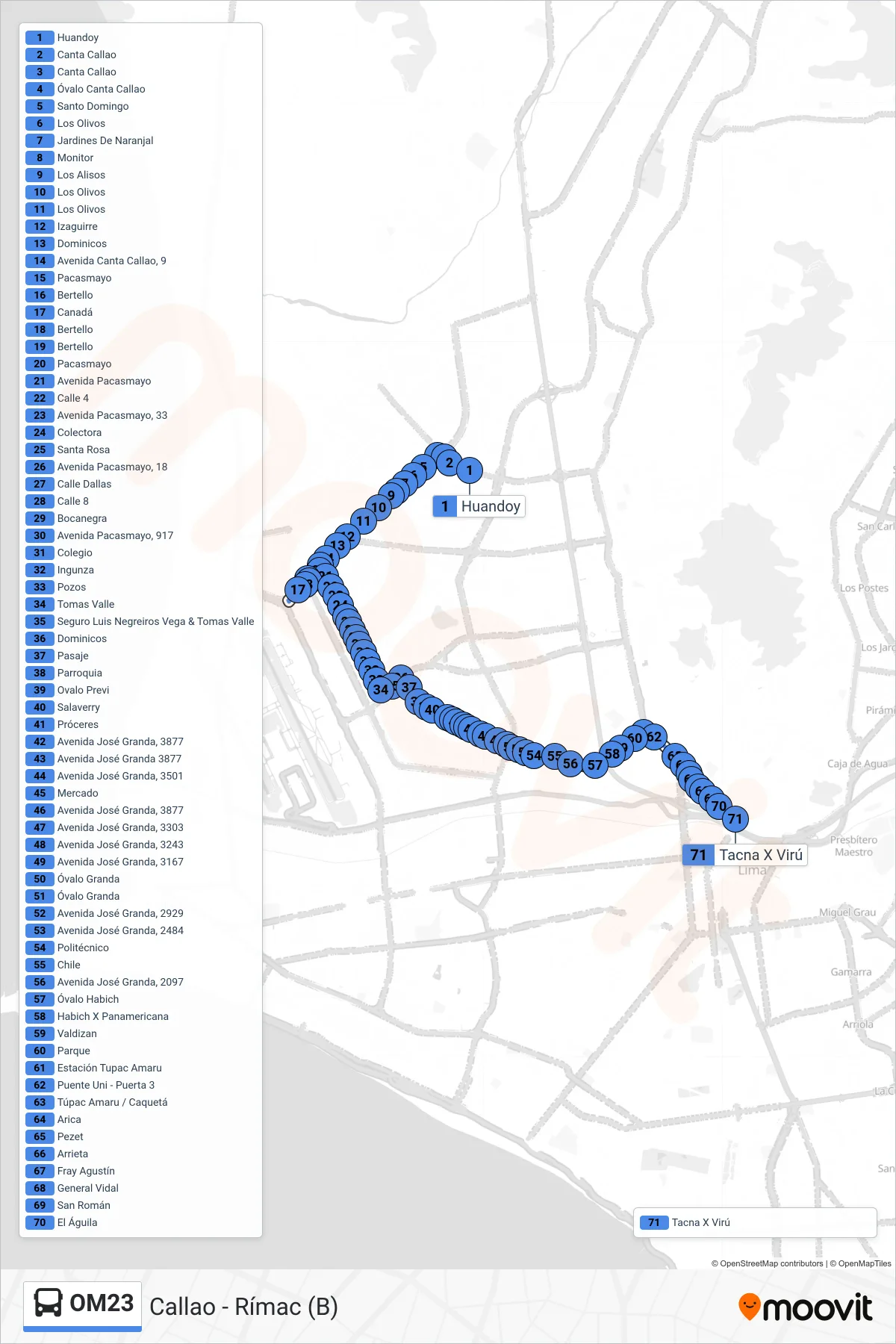 OM23 bus Line (Callao - Rímac (B)) route and stops on a map