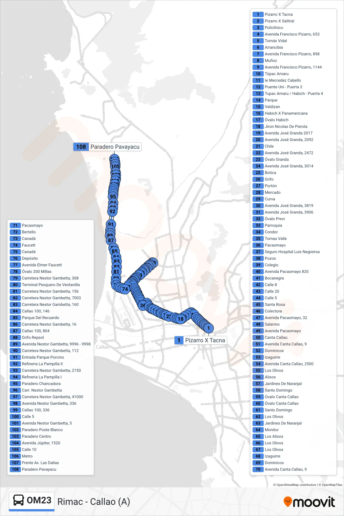 OM23 bus Line (Rimac - Callao (A)) route and stops on a map