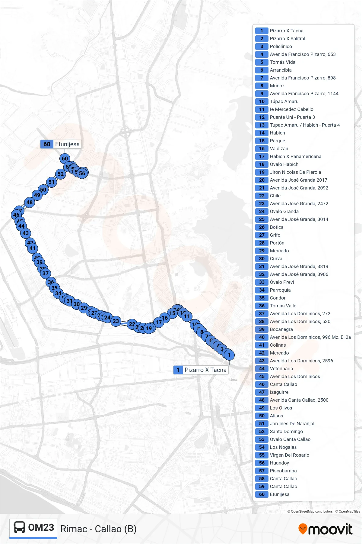 OM23 bus Line (Rimac - Callao (B)) route and stops on a map