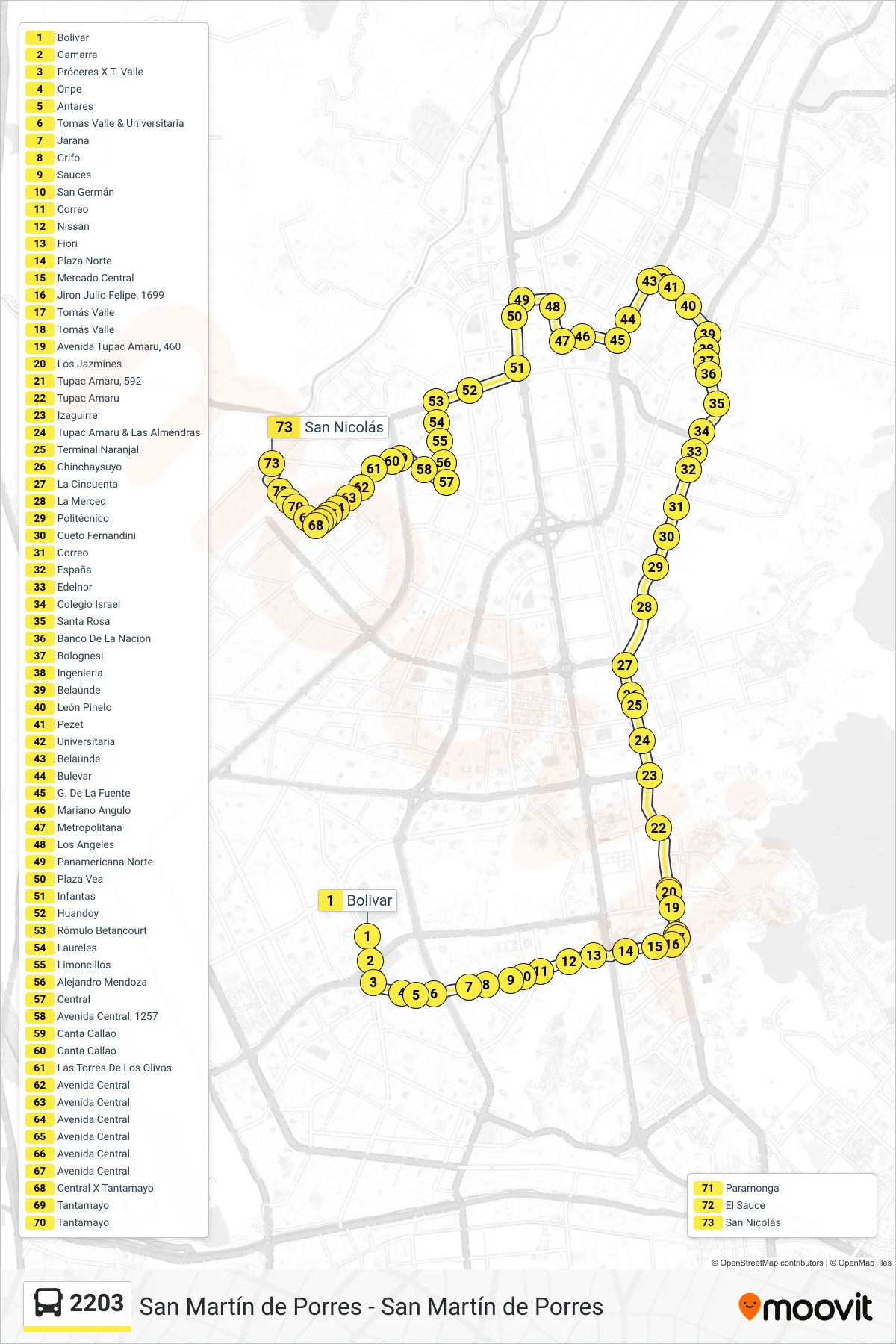 2203 bus Line (Tomás Valle - Las Torres) route and stops on a map