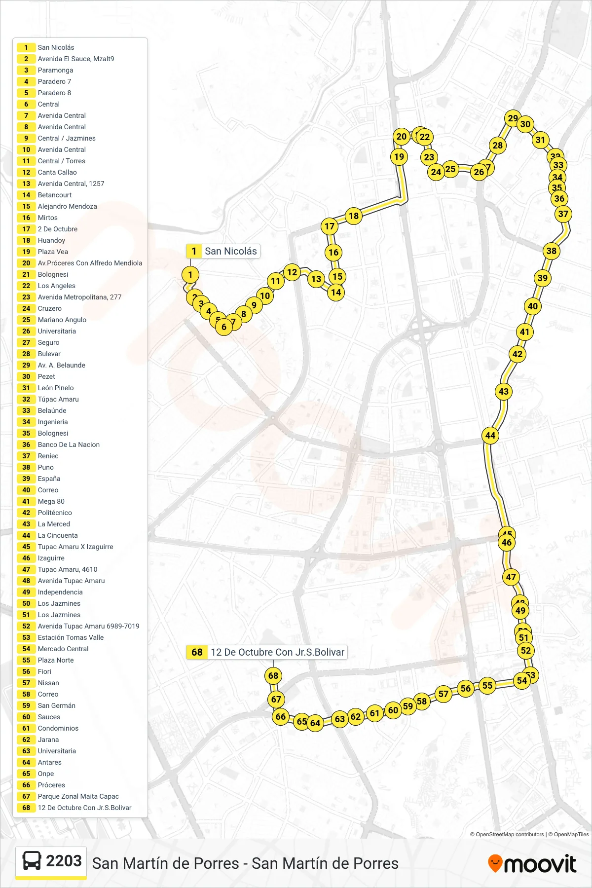 2203 bus Line (Las Torres - Tomás Valle) route and stops on a map