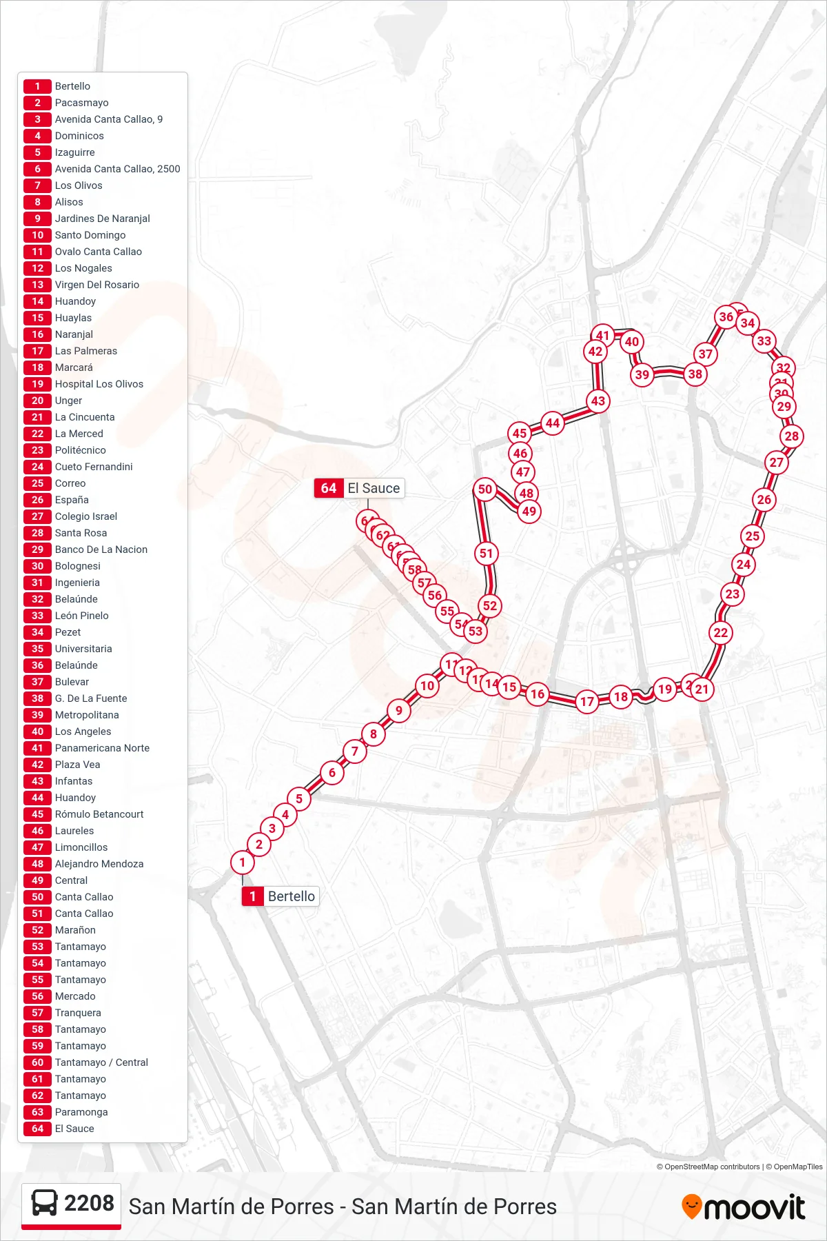 2208 bus Line (Japón - Tantamayo) route and stops on a map