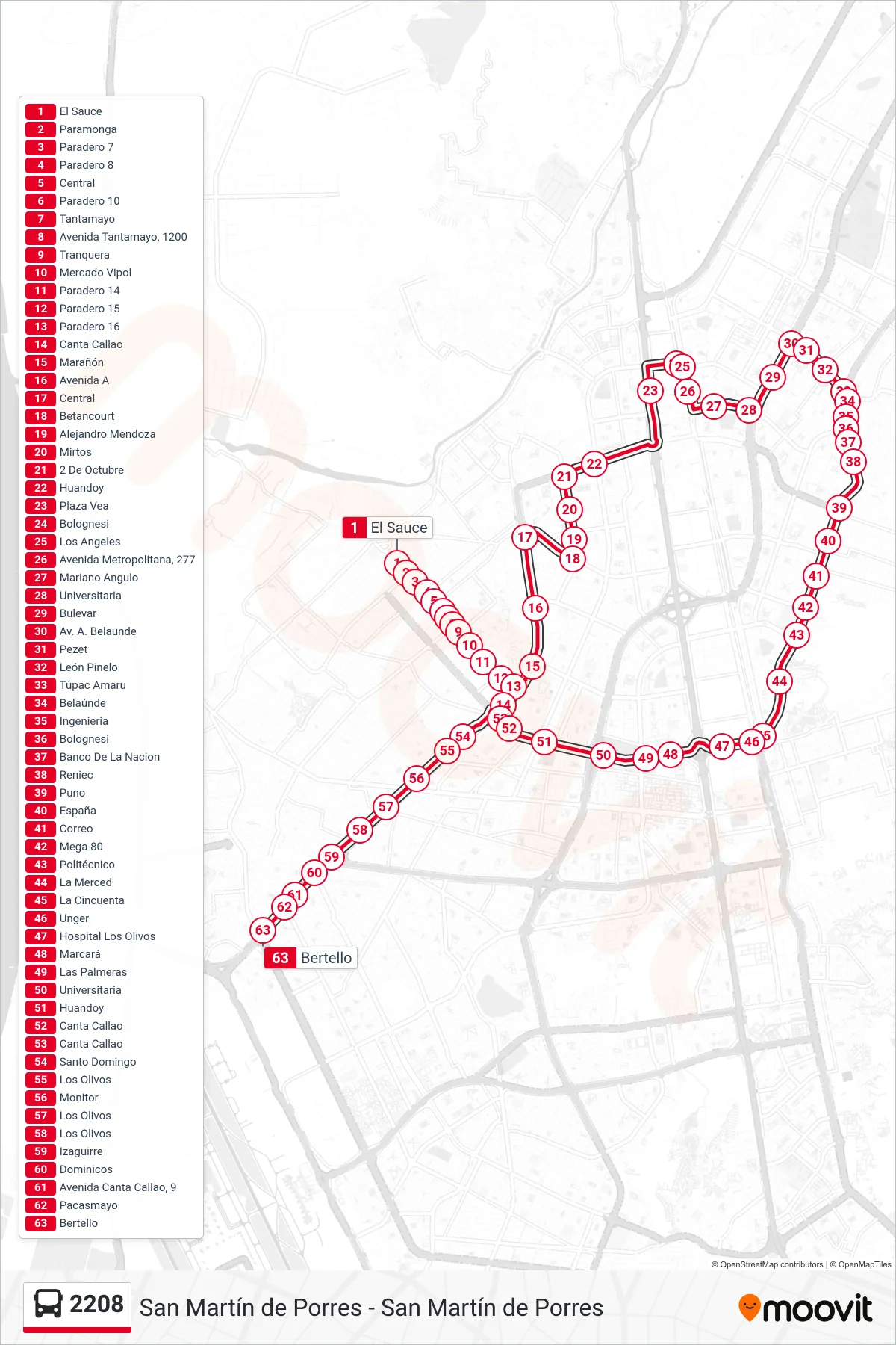 2208 bus Line (Tantamayo - Japón) route and stops on a map
