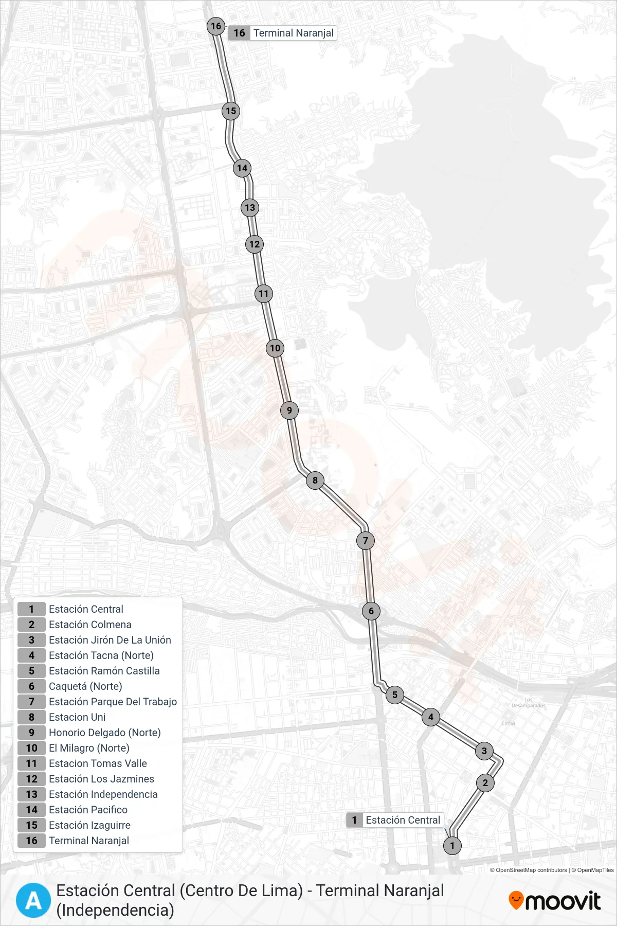 A bus Line (Estación Central (Centro De Lima) - Terminal Naranjal (Independencia)) route and stops on a map
