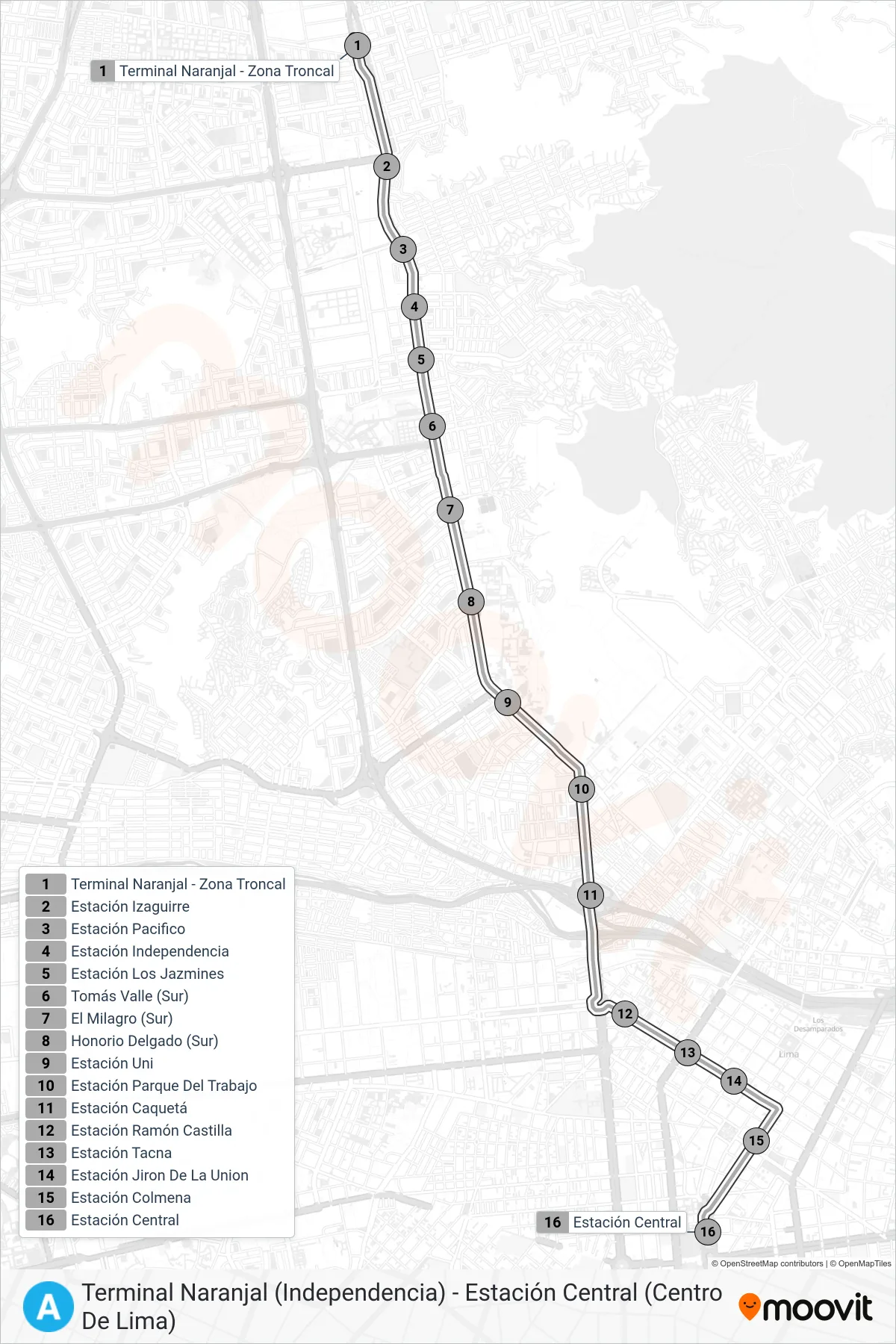A bus Line (Terminal Naranjal (Independencia) - Estación Central (Centro De Lima)) route and stops on a map