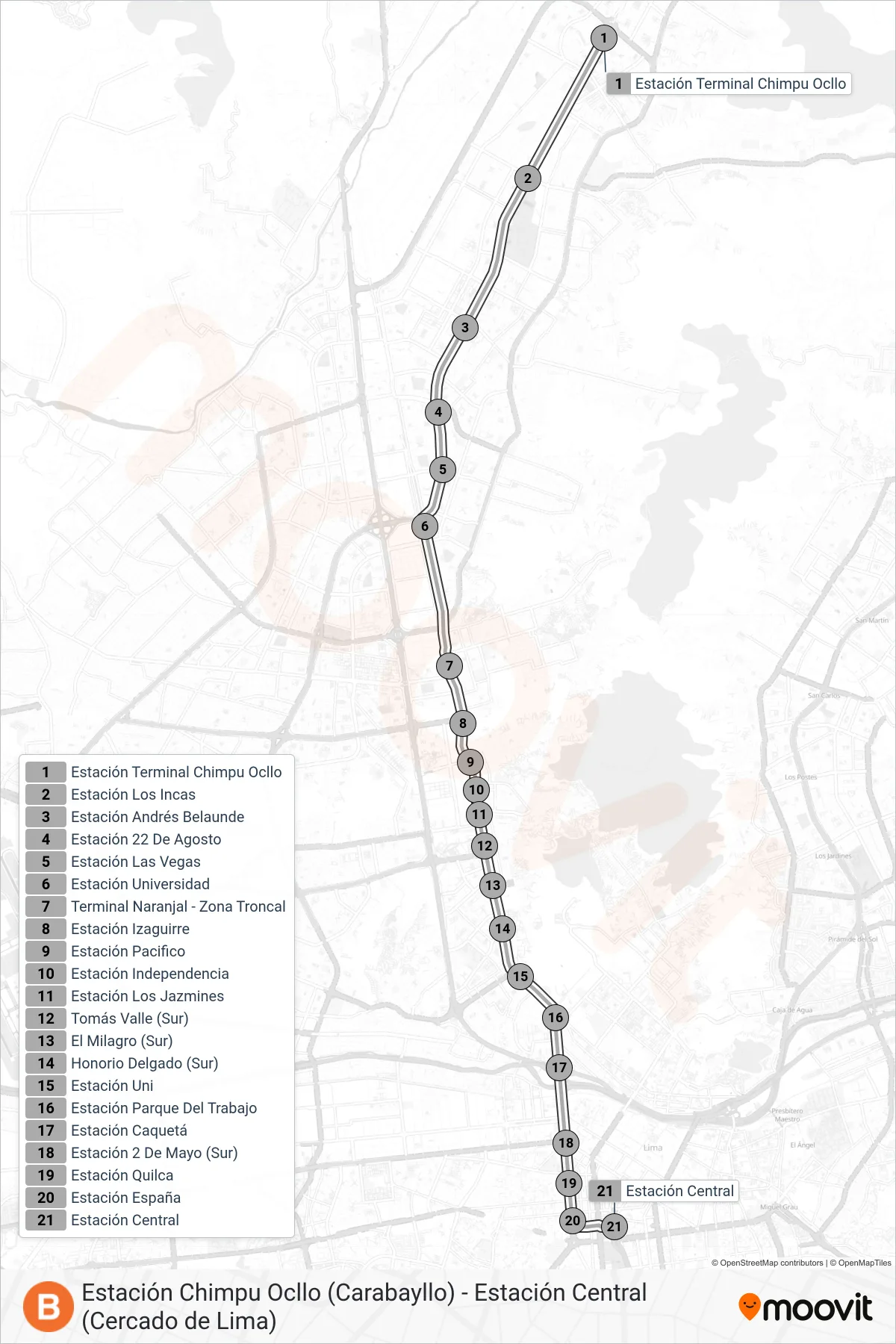 B bus Line (Estación Chimpu Ocllo (Carabayllo) - Estación Central (Cercado de Lima)) route and stops on a map