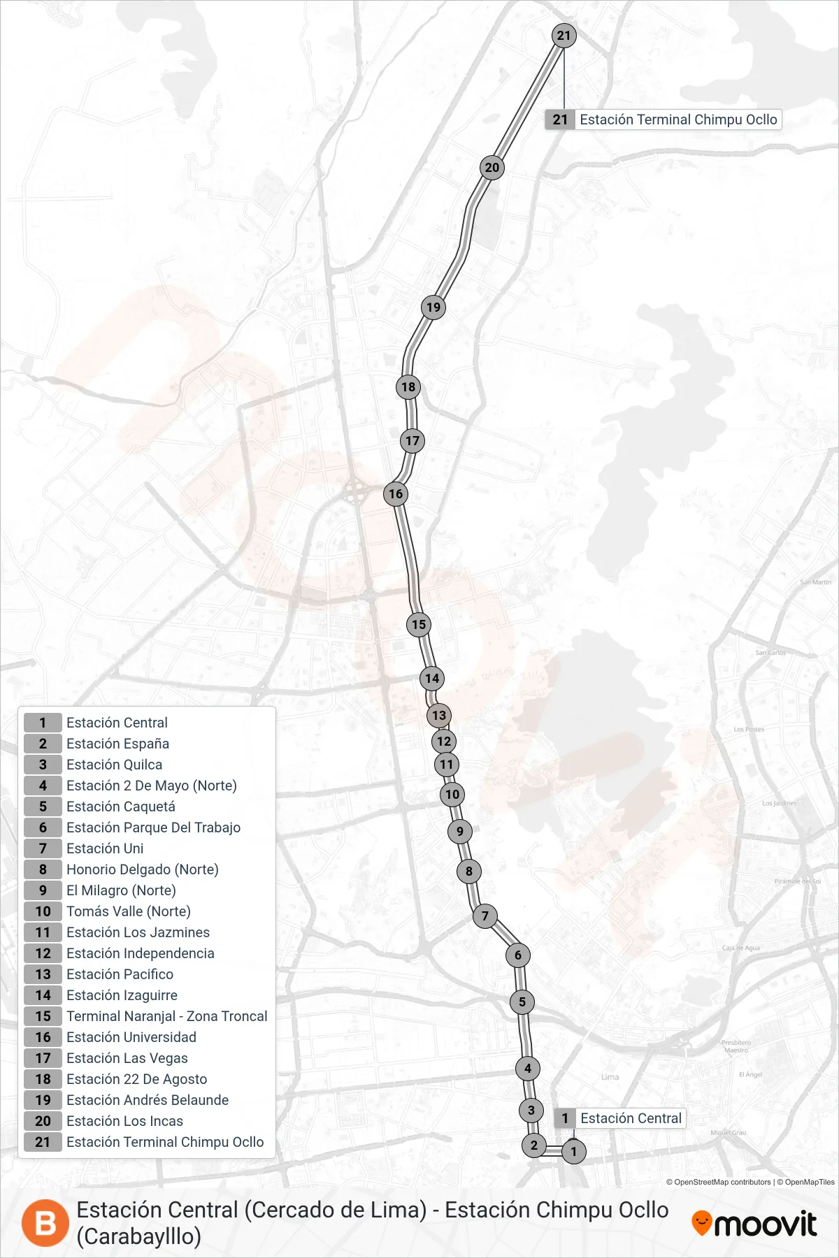 Recorrido y paradas de la línea B de autobús (Estación Central (Cercado de Lima) - Estación Chimpu Ocllo (Carabaylllo)) en el mapa