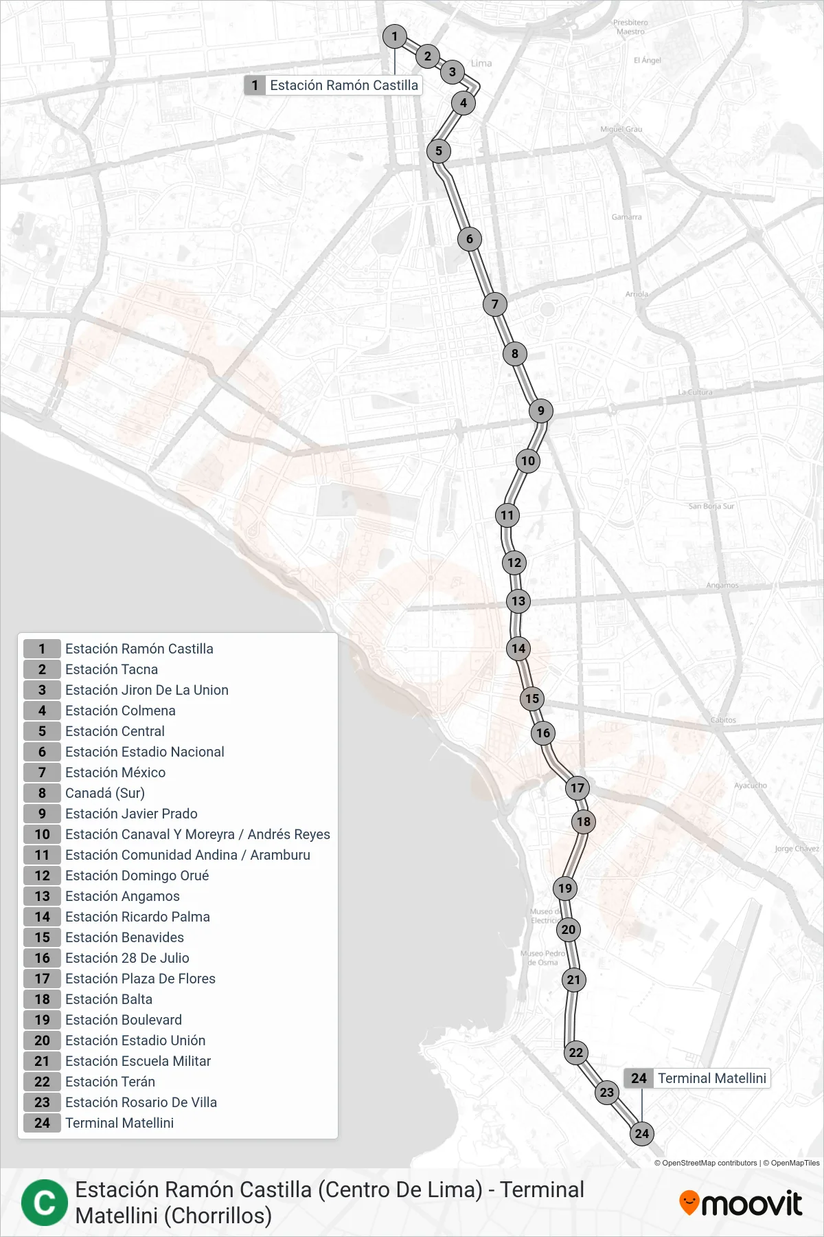 C bus Line (Estación Ramón Castilla (Centro De Lima) - Terminal Matellini (Chorrillos)) route and stops on a map