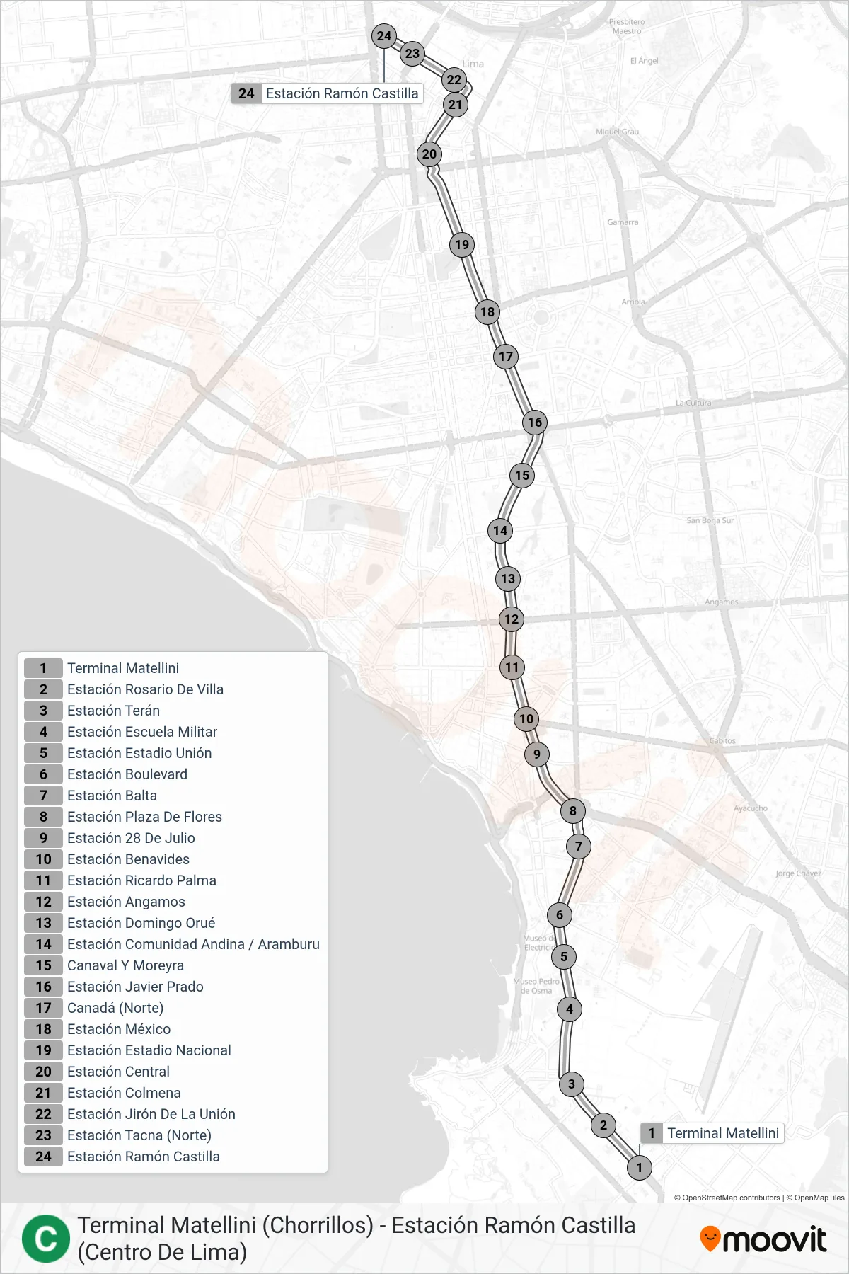C bus Line (Terminal Matellini (Chorrillos) - Estación Ramón Castilla (Centro De Lima)) route and stops on a map