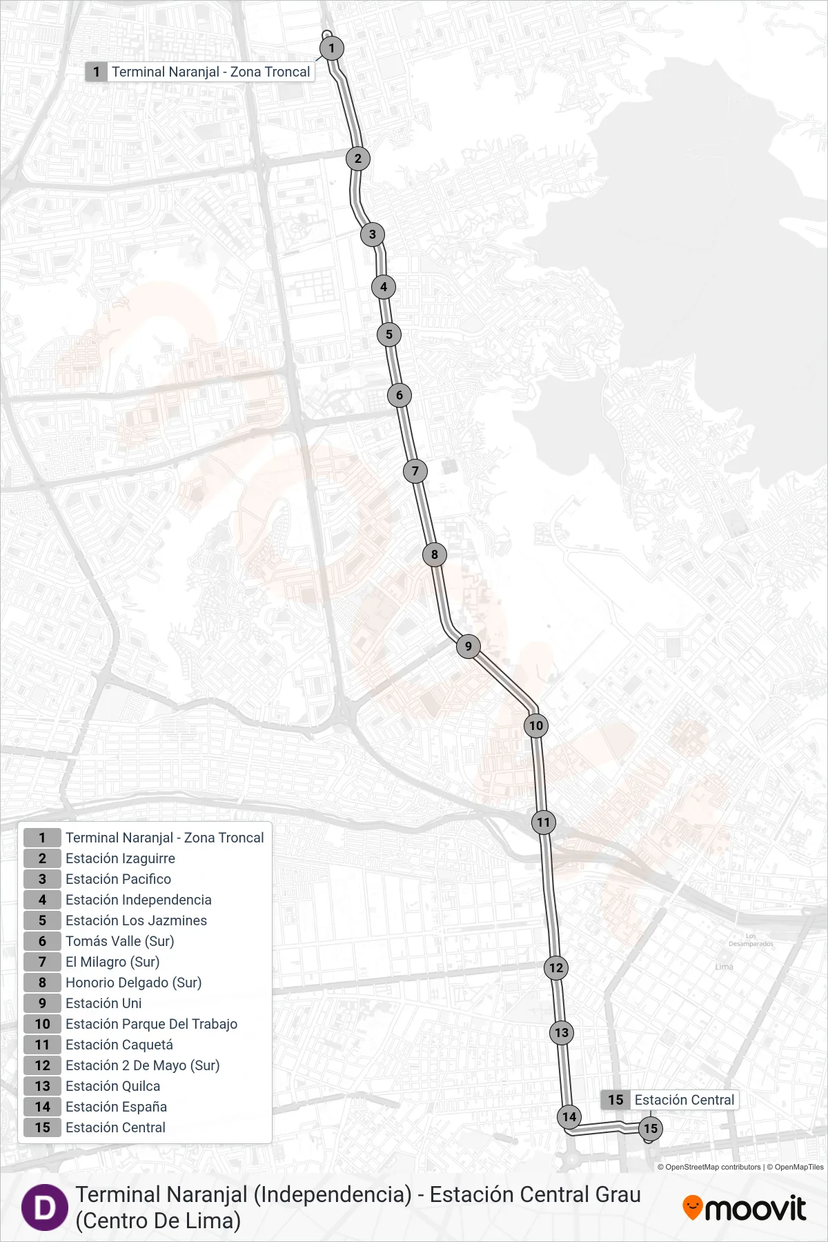 D bus Line (Terminal Naranjal (Independencia) - Estación Central Grau (Centro De Lima)) route and stops on a map