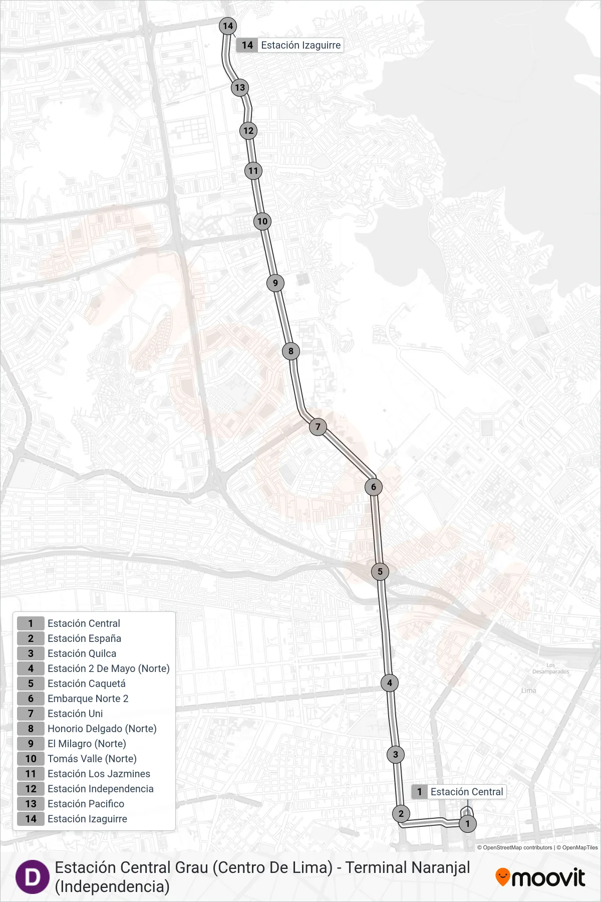 Recorrido y paradas de la línea D de autobús (Estación Central Grau (Centro De Lima) - Terminal Naranjal (Independencia)) en el mapa
