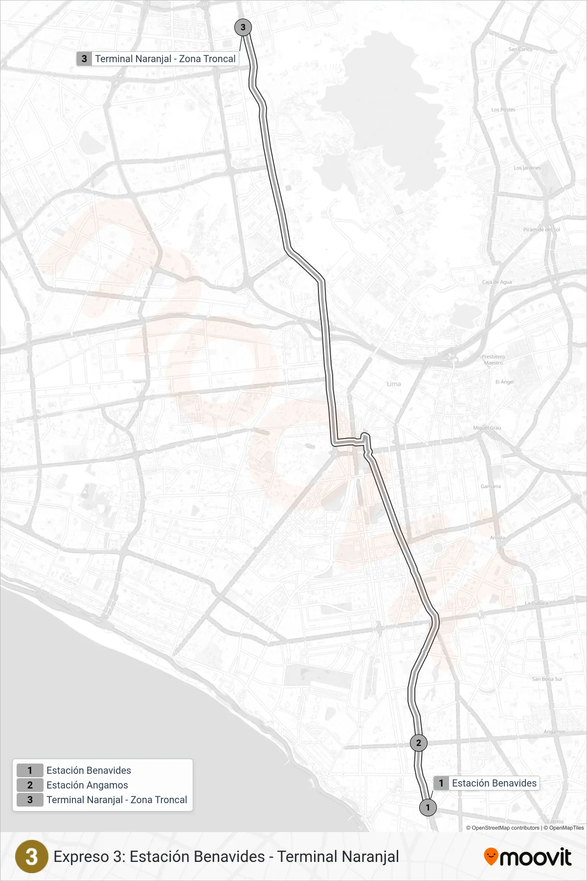 EX3 bus Line (Est. Benavides (Miraflores) - Terminal Naranjal (Independencia)) route and stops on a map
