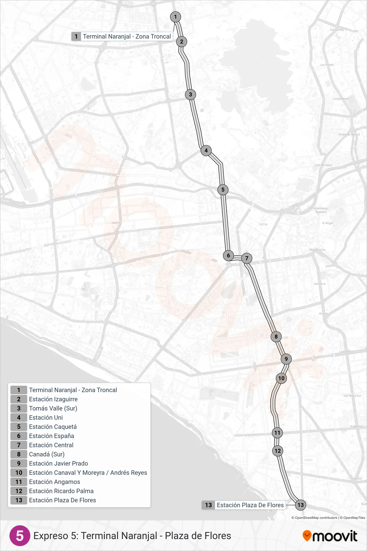 EX5 bus Line (Terminal Naranjal (Independencia) - Est. Plaza De Flores (Barranco)) route and stops on a map