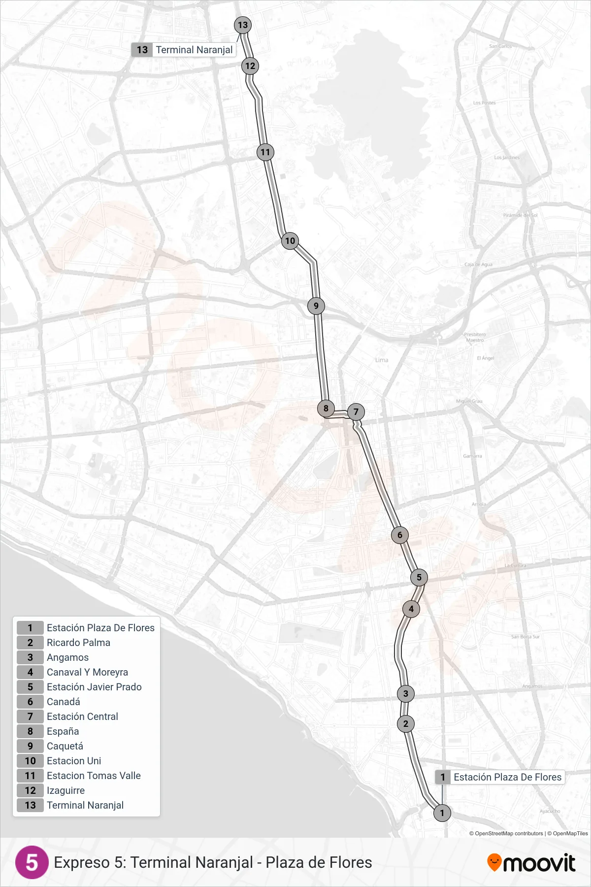 EX5 bus Line (Est. Plaza De Flores (Barranco) - Terminal Naranjal (Independencia)) route and stops on a map