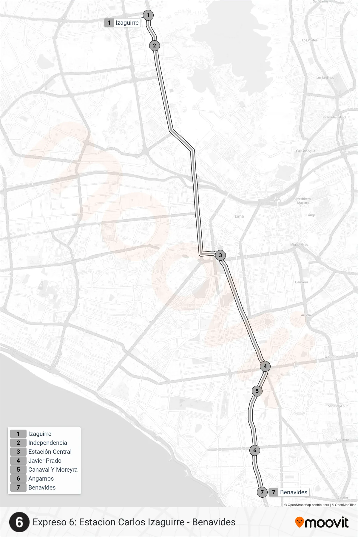 EX6 bus Line (Estación Izaguirre (Independencia) - Estación Benavides (Miraflores)) route and stops on a map