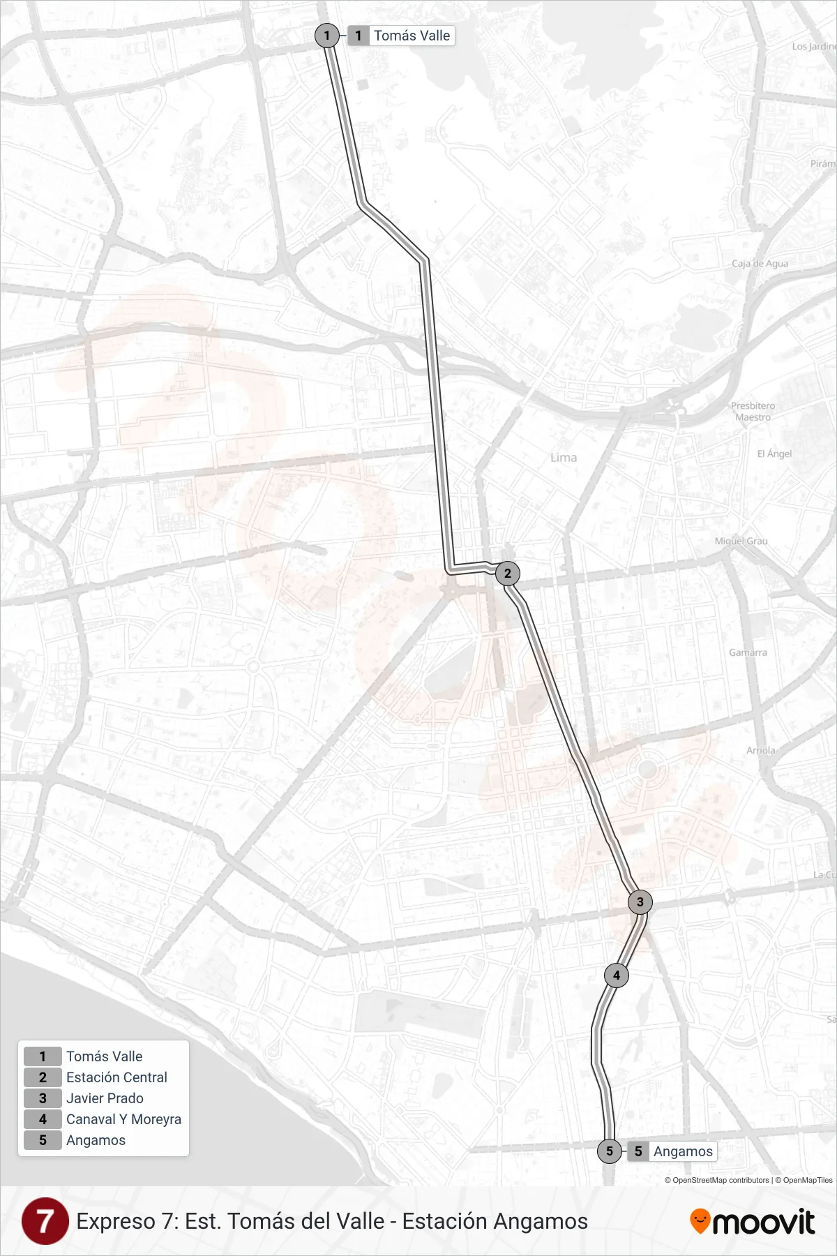 EX7 bus Line (Est. Tomas Valle (Independencia) - Estación Angamos) route and stops on a map