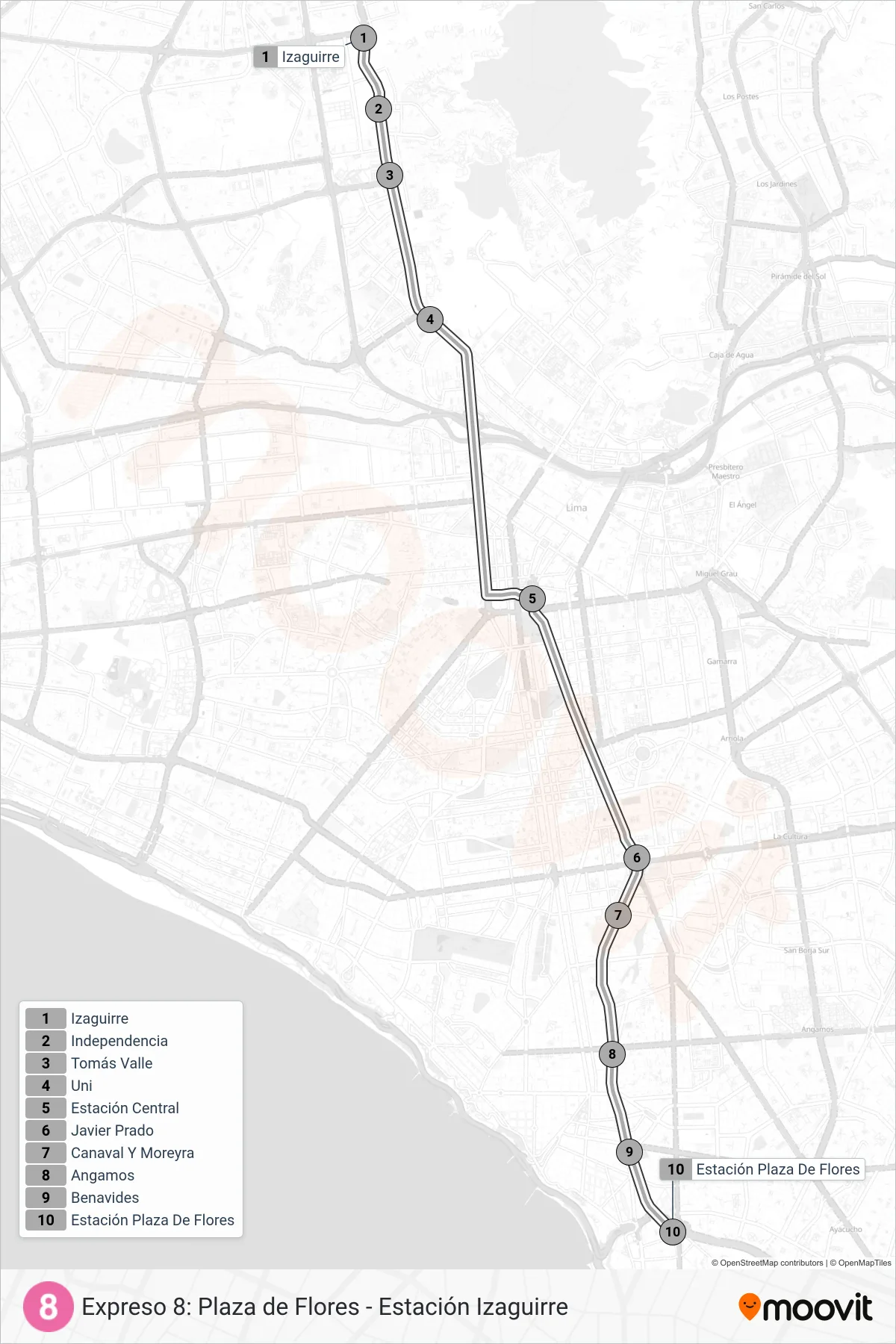 EX8 bus Line (Estación Izaguirre (Independencia) - Plaza De Flores (Barranco)) route and stops on a map