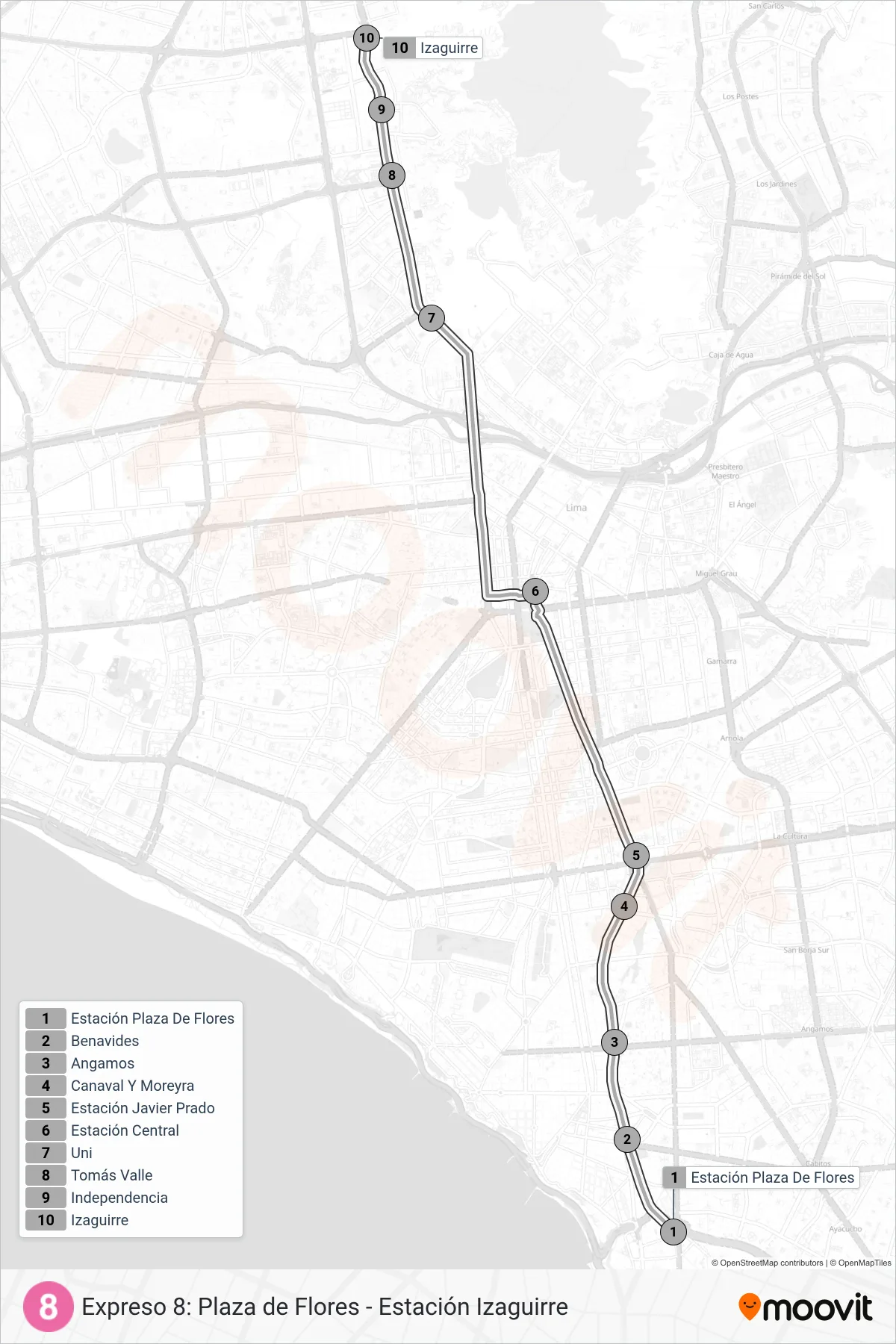 EX8 bus Line (Plaza De Flores (Barranco) - Estación Izaguirre (Independencia)) route and stops on a map
