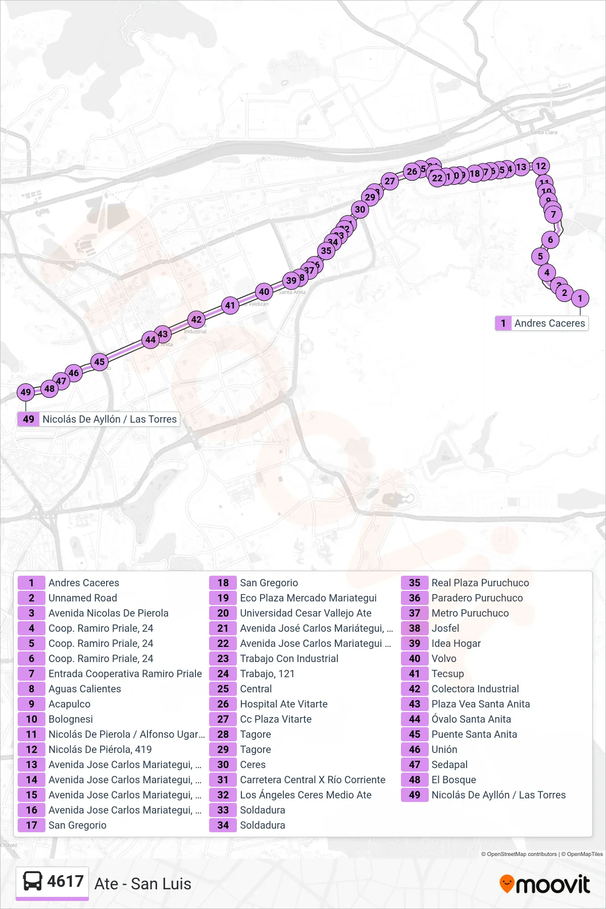 4617 bus Line (Ate - San Luis) route and stops on a map
