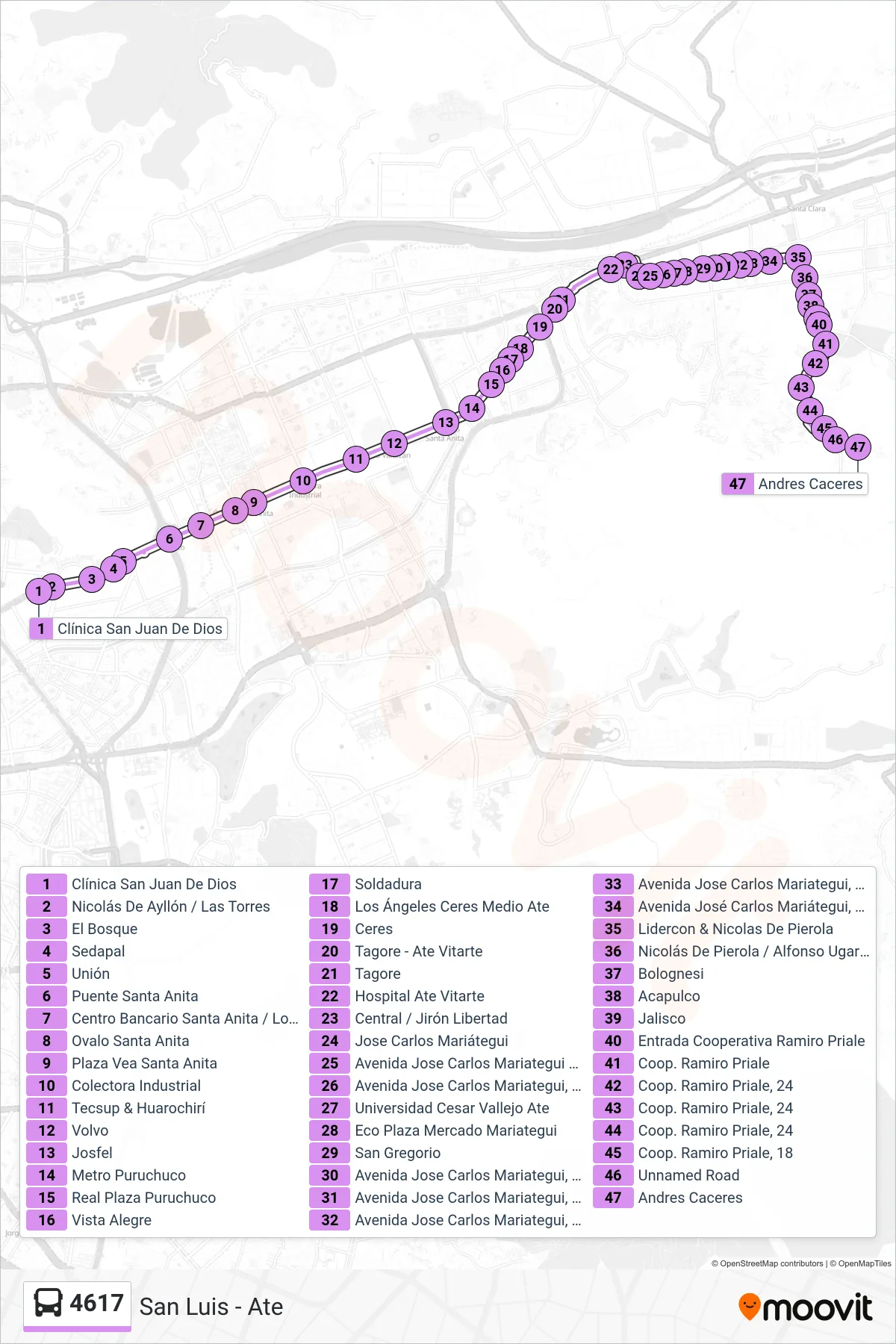 4617 bus Line (San Luis - Ate) route and stops on a map