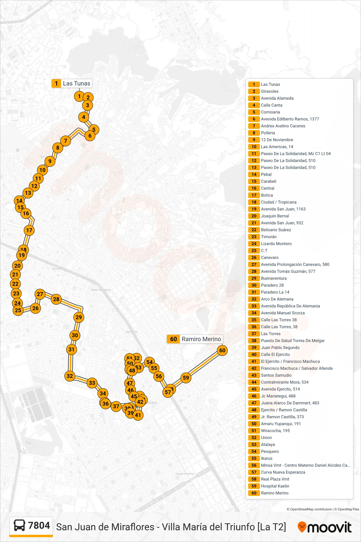 7804 bus Line (S.J.M. - V.M.T.) route and stops on a map