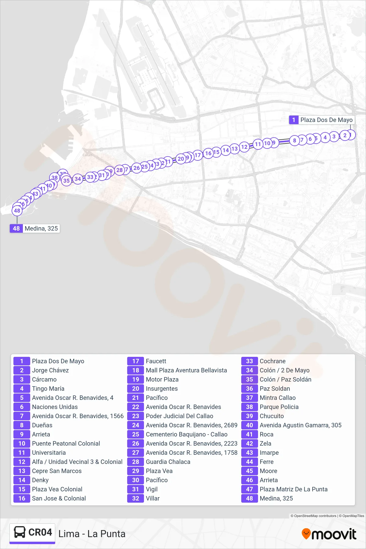 CR04 bus Line (Lima - La Punta) route and stops on a map