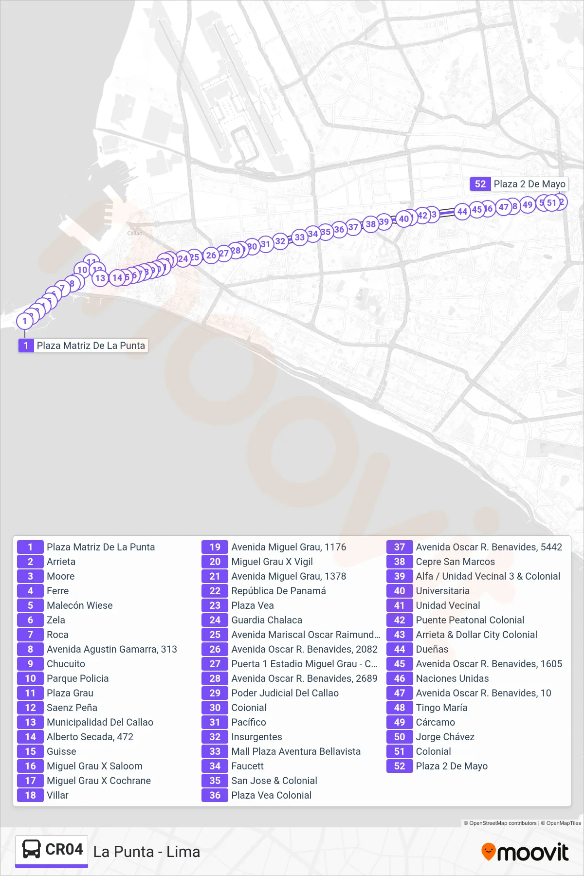 CR04 bus Line (La Punta - Lima) route and stops on a map