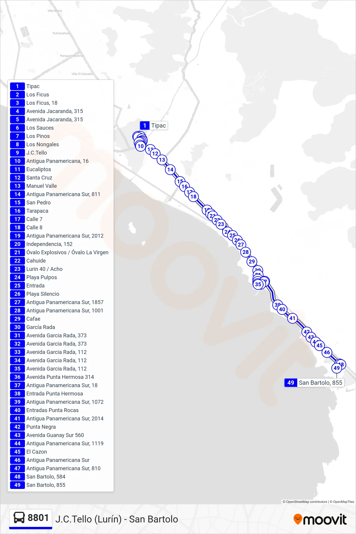 8801 bus Line (J.C.Tello (Lurín) - San Bartolo) route and stops on a map