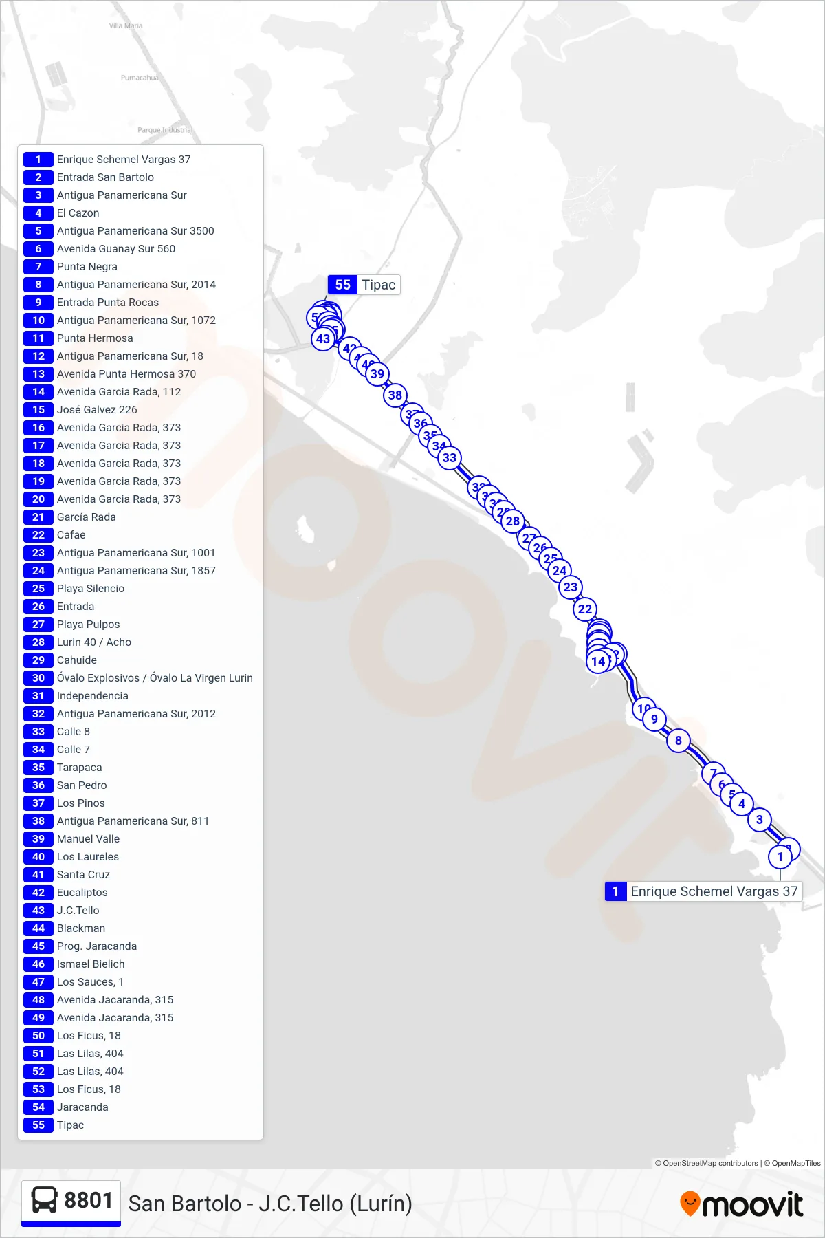 8801 bus Line (San Bartolo - J.C.Tello (Lurín)) route and stops on a map