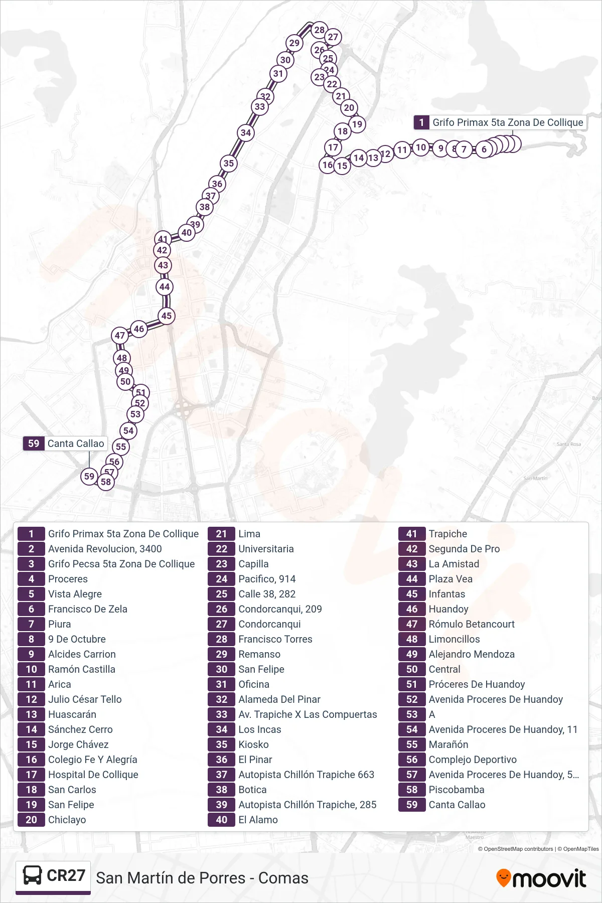 CR27 bus Line (Comas - S.M.P.) route and stops on a map